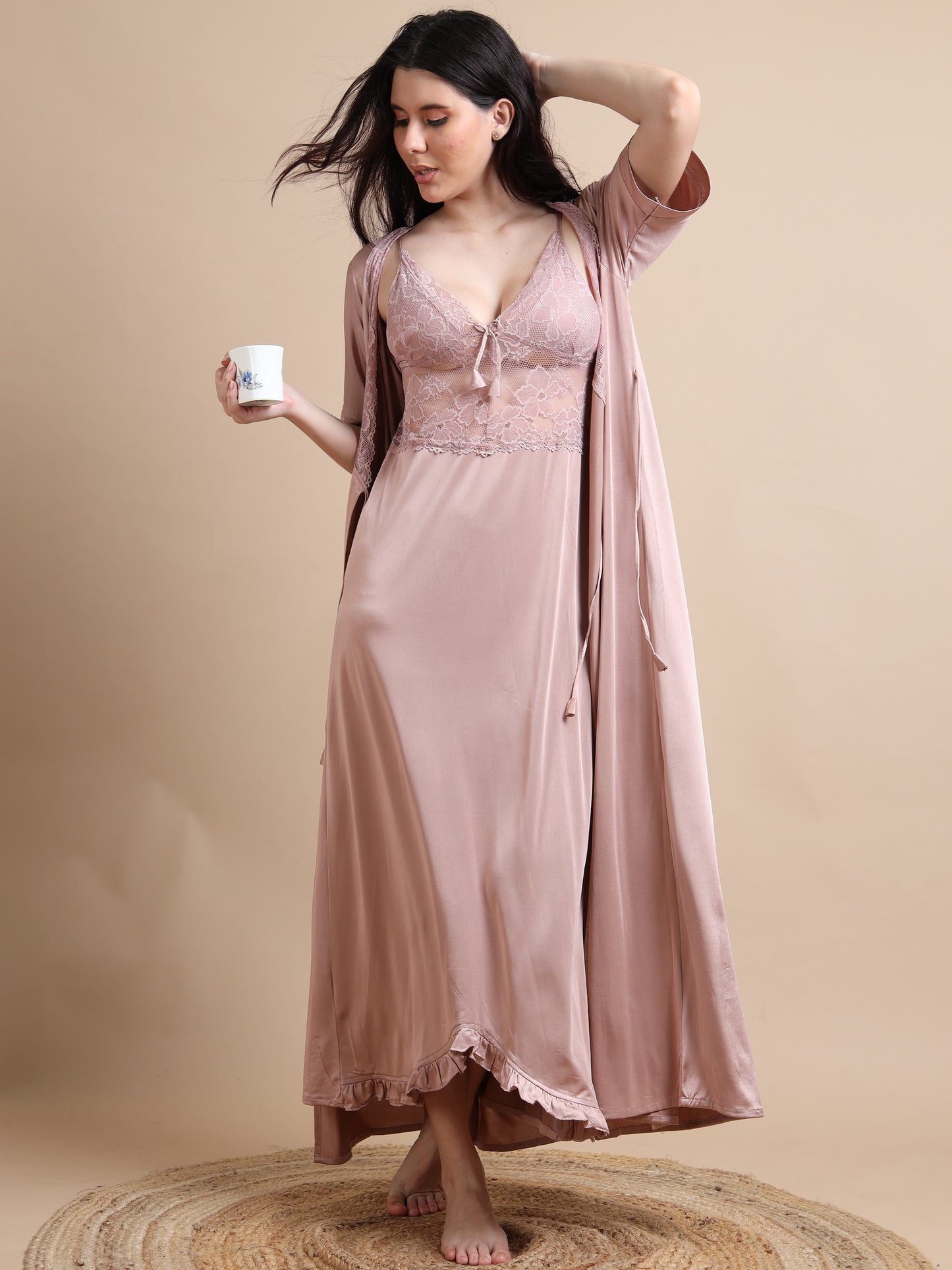 Skin Colour 2pc Satin Long Nighty for Women