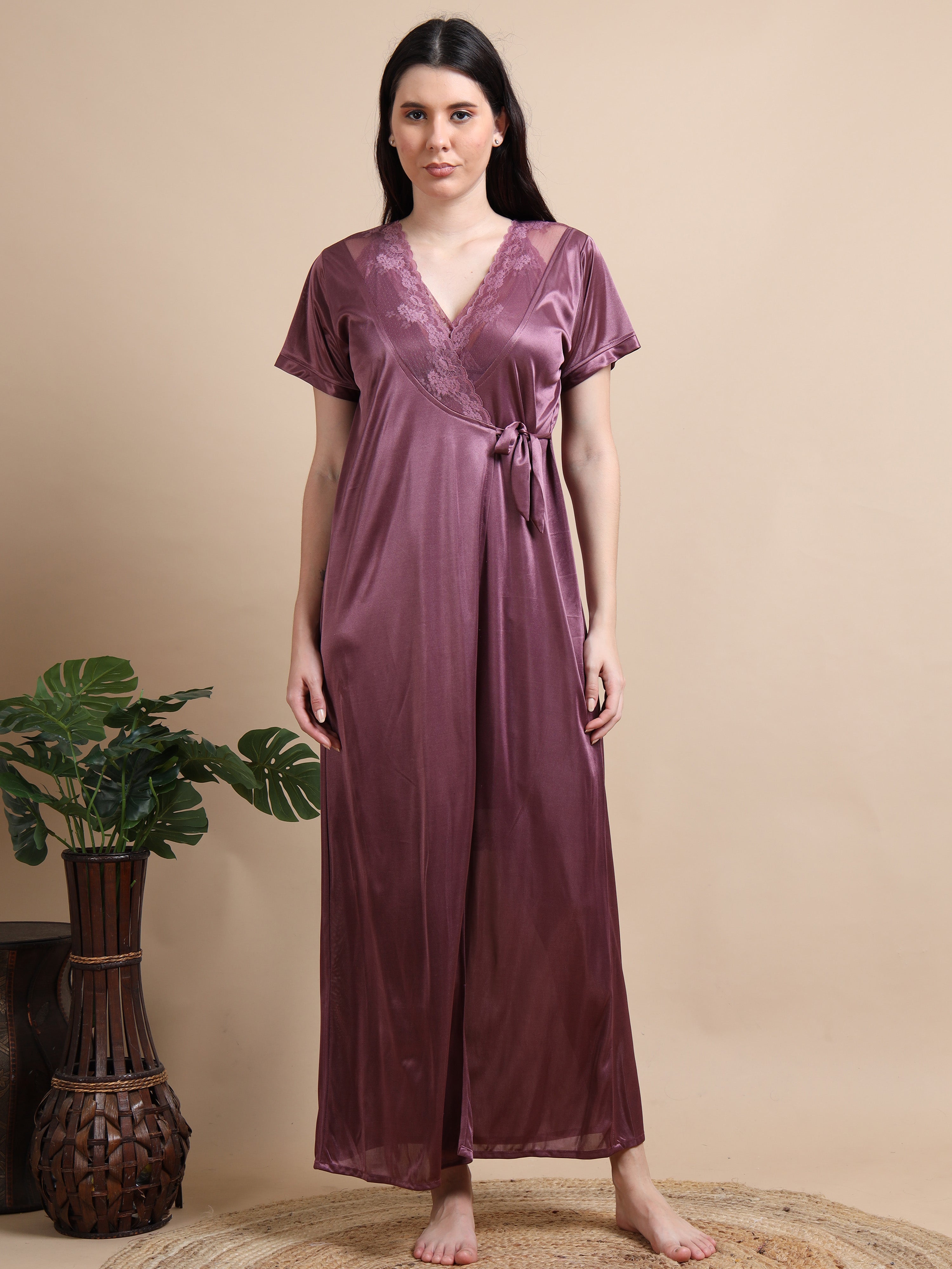 Purple Satin Night Dress – 2 Piece Long Nighty