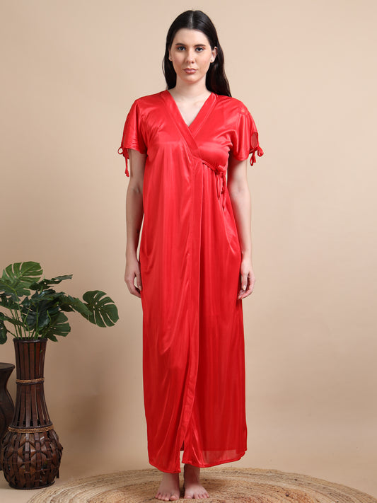 2 Pc Red Satin Nighty for Women