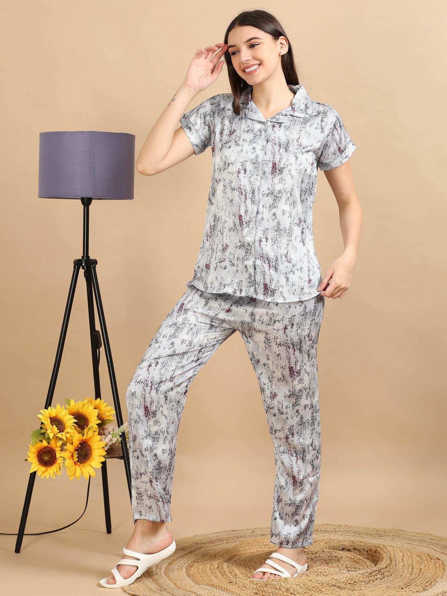 Printed Grey Satin Night Suit For Women