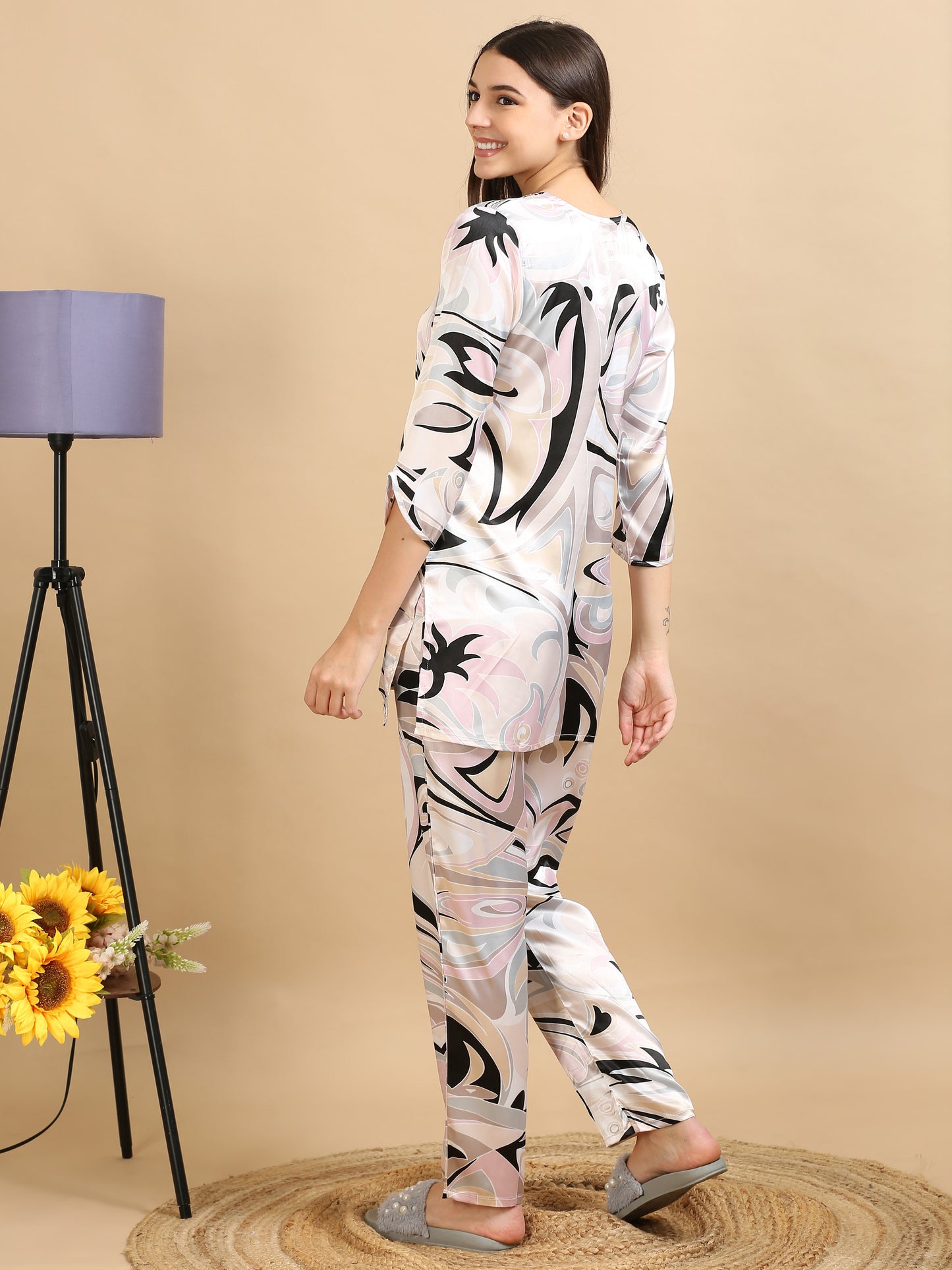 Satin Printed Pink Co Ord Sets for Women