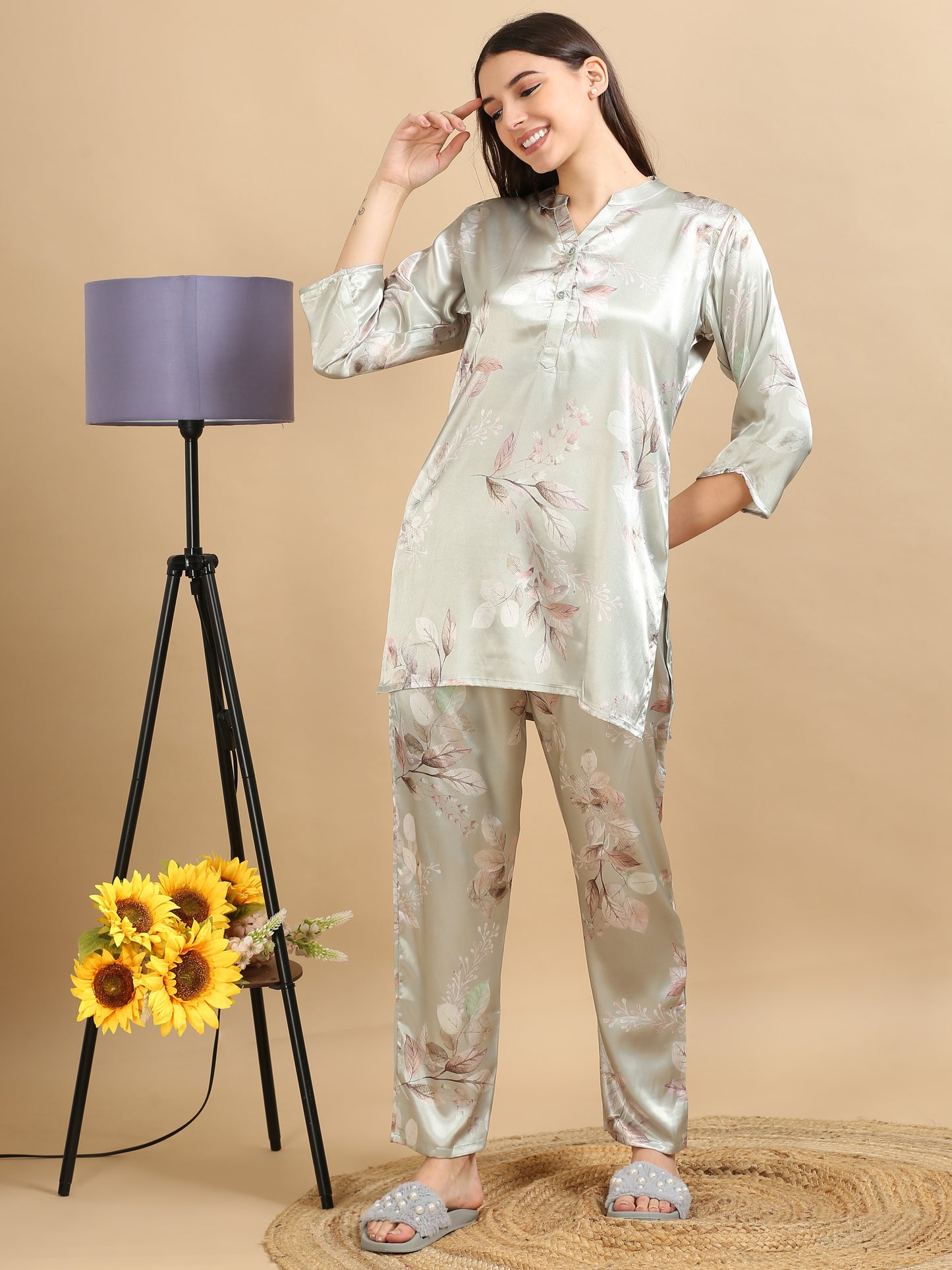 Printed Pistachio Satin Co Ords for Women