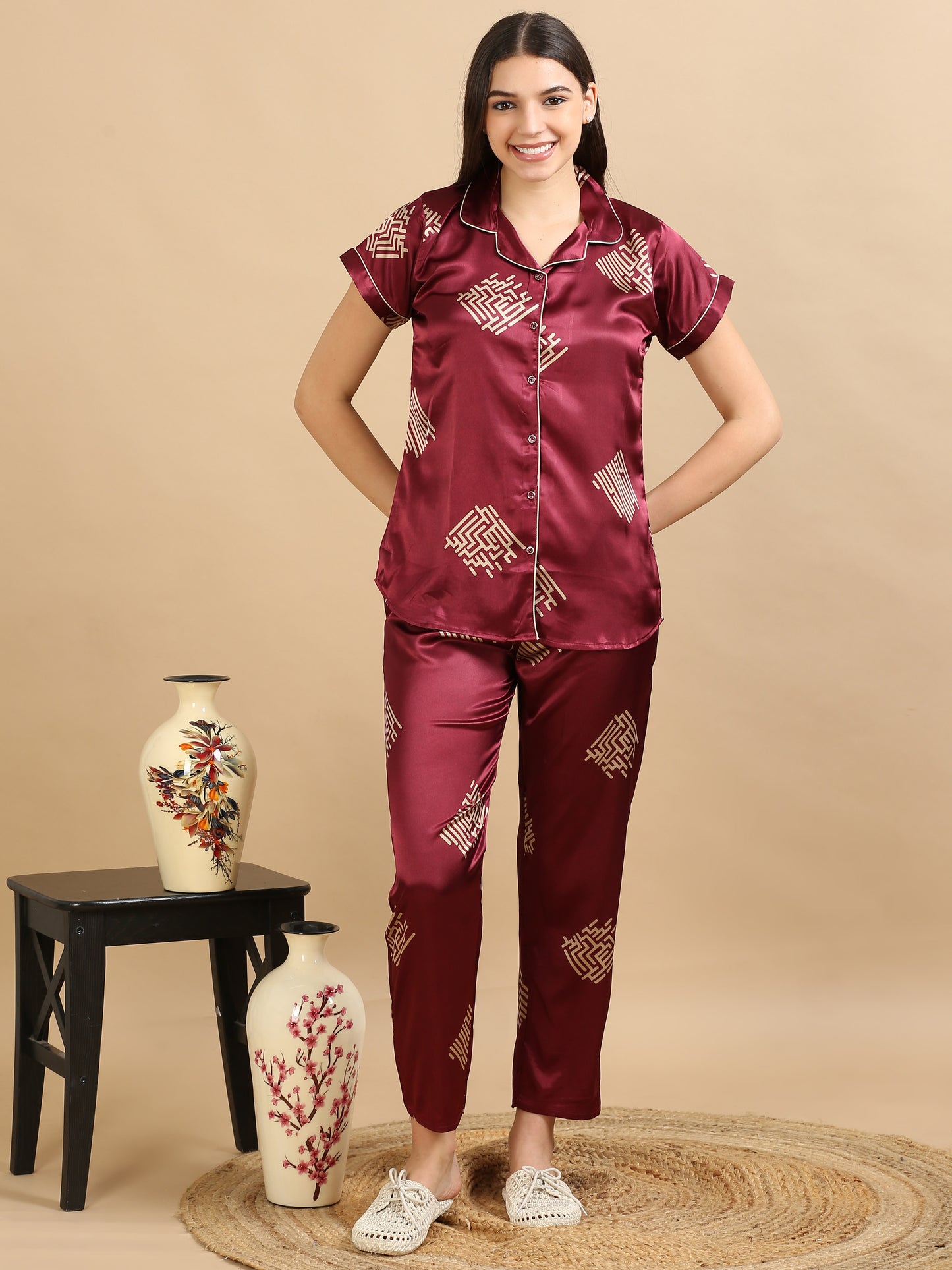 Satin Maroon Printed Co Ords Women