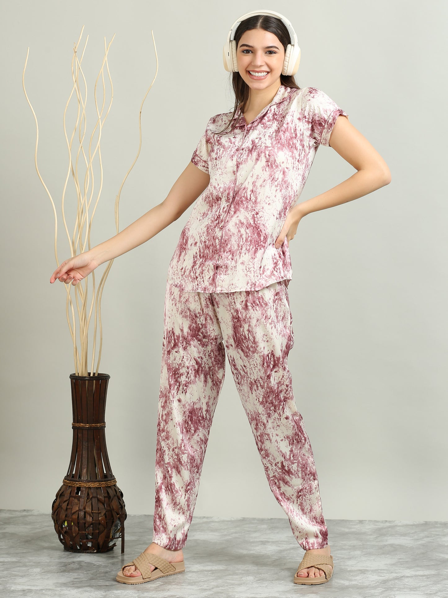 Printed Pink Satin PJs Women