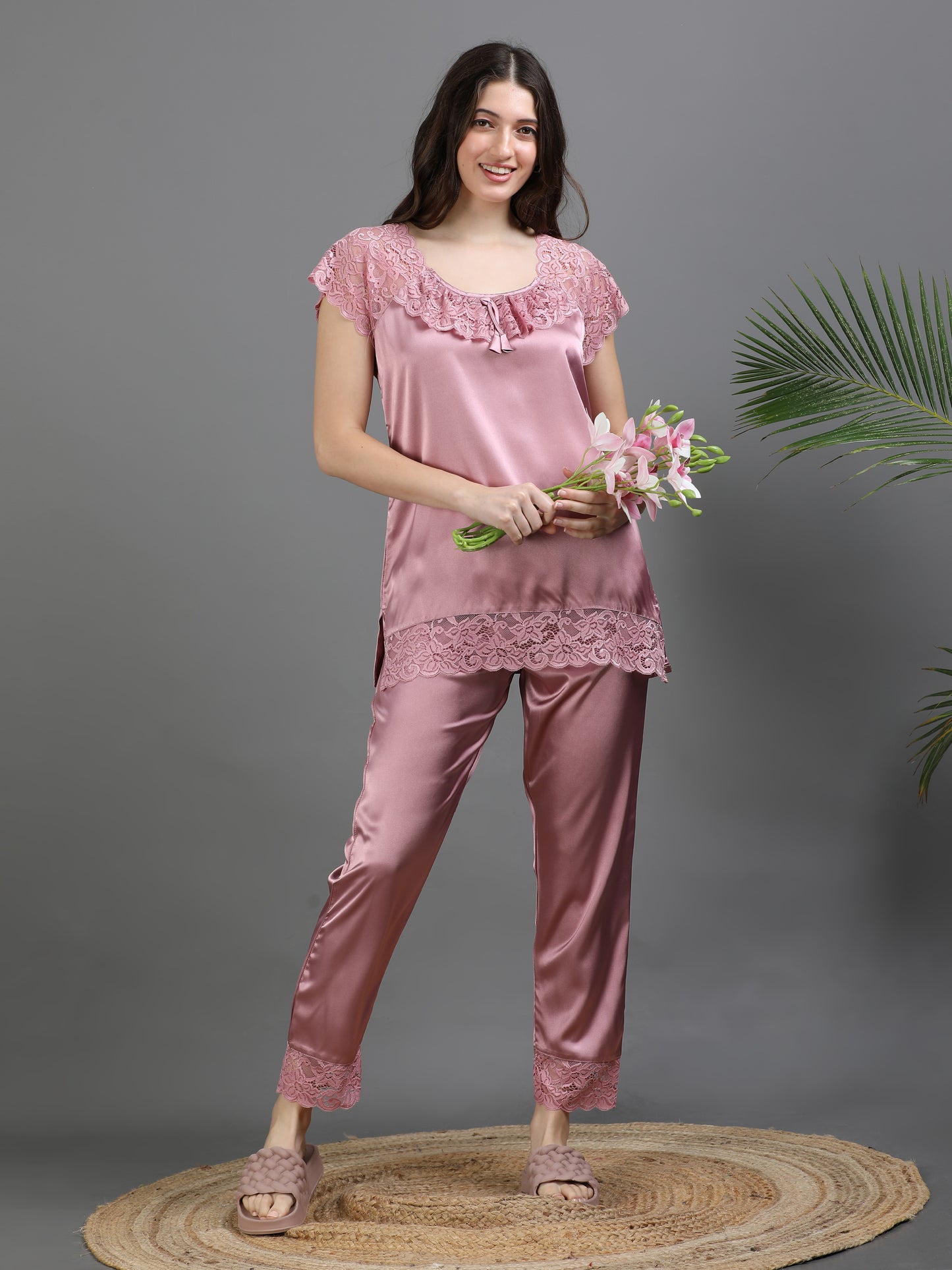 Rose Italian Satin Cord Set 2000 – Women's Short Sleeve Lace Top & Bottom