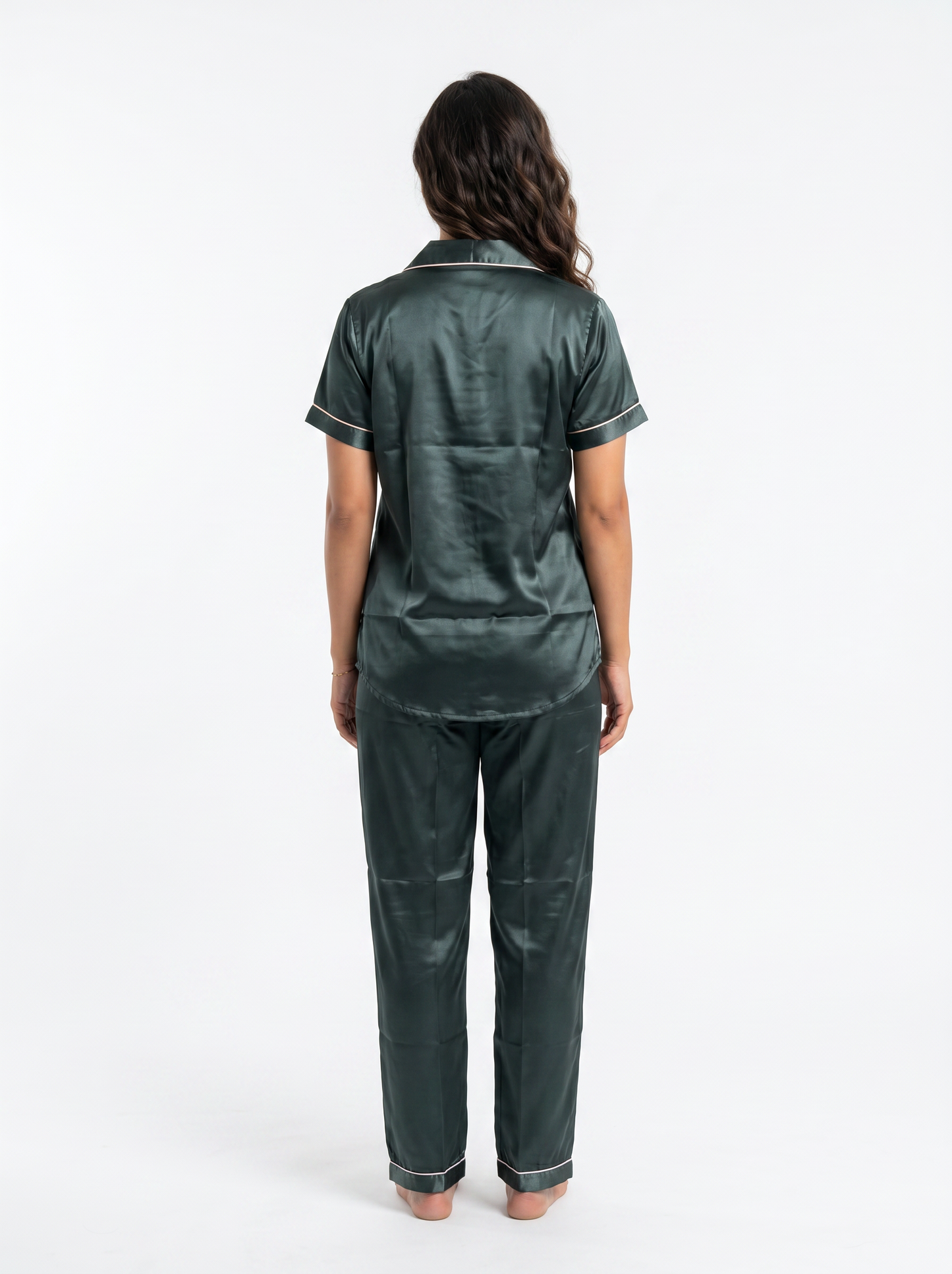 Satin Top with Pyjama Night Suit - Bottle Green - 13368