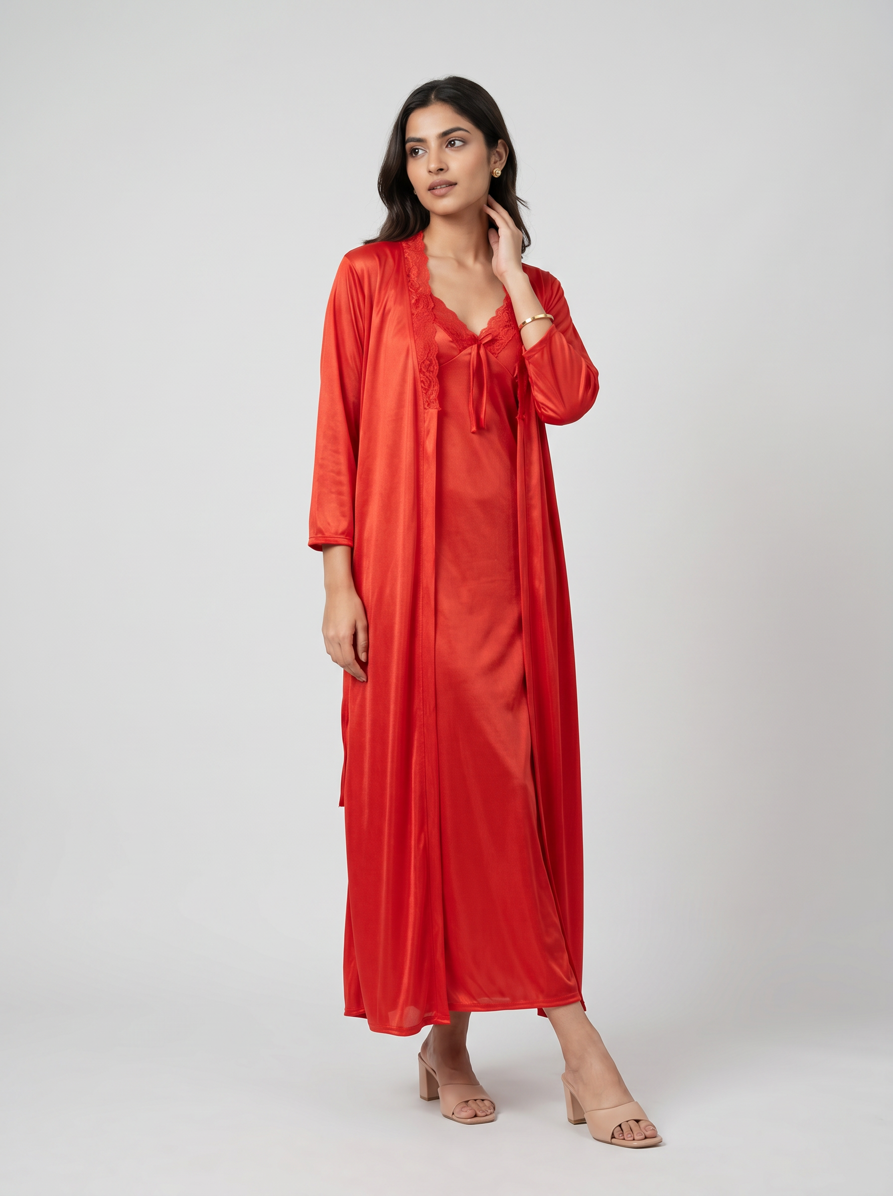 Wedding night vs honeymoon nightwear comparison with an elegant satin bridal set beside lighter honeymoon pieces