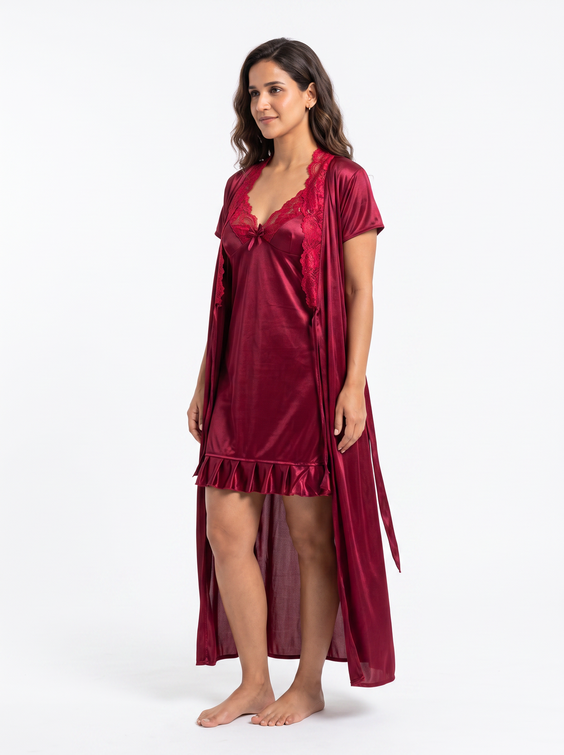 Short satin bridal nighty in wine for wedding night and honeymoon