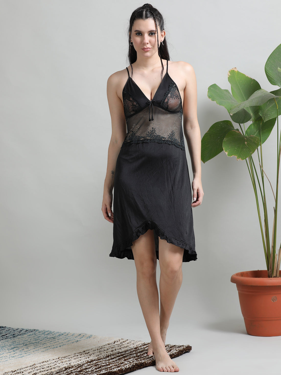 Black satin babydoll dress for women with V neckline