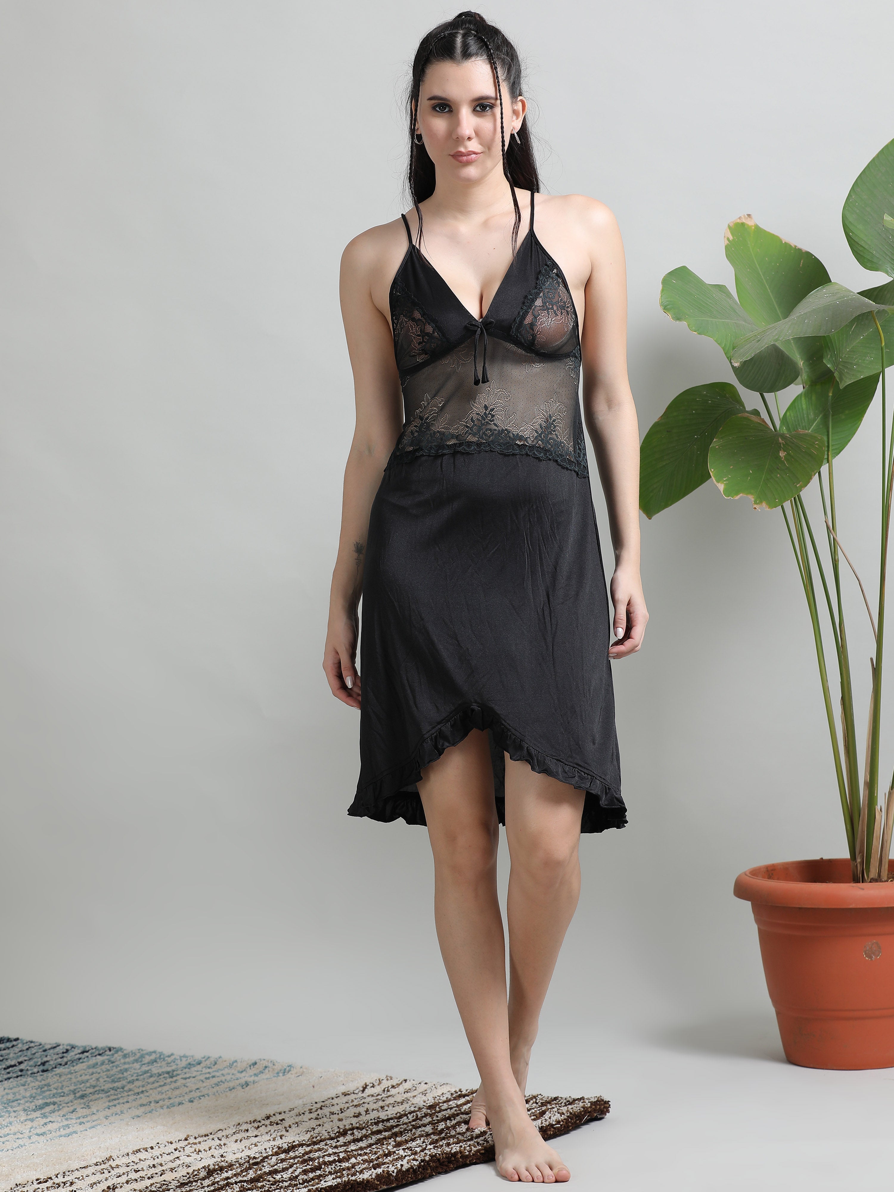 Black satin babydoll dress for women with V neckline