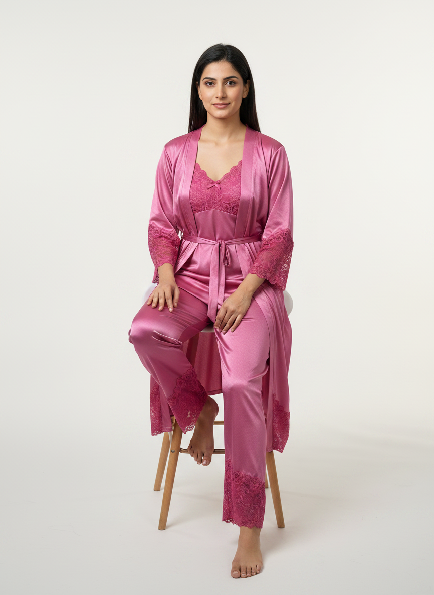 New bride checking a good quality satin bridal nightwear set for fabric, fit, and finish