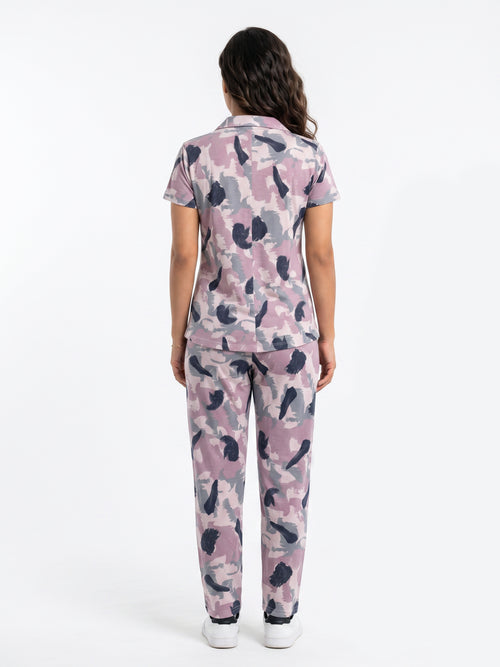 Cotton Printed Top with Pyjama Night Suit - Mauve - SS3139A