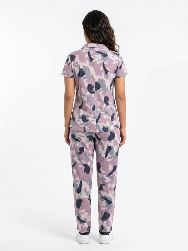 Cotton Printed Top with Pyjama Night Suit - Mauve - SS3139A