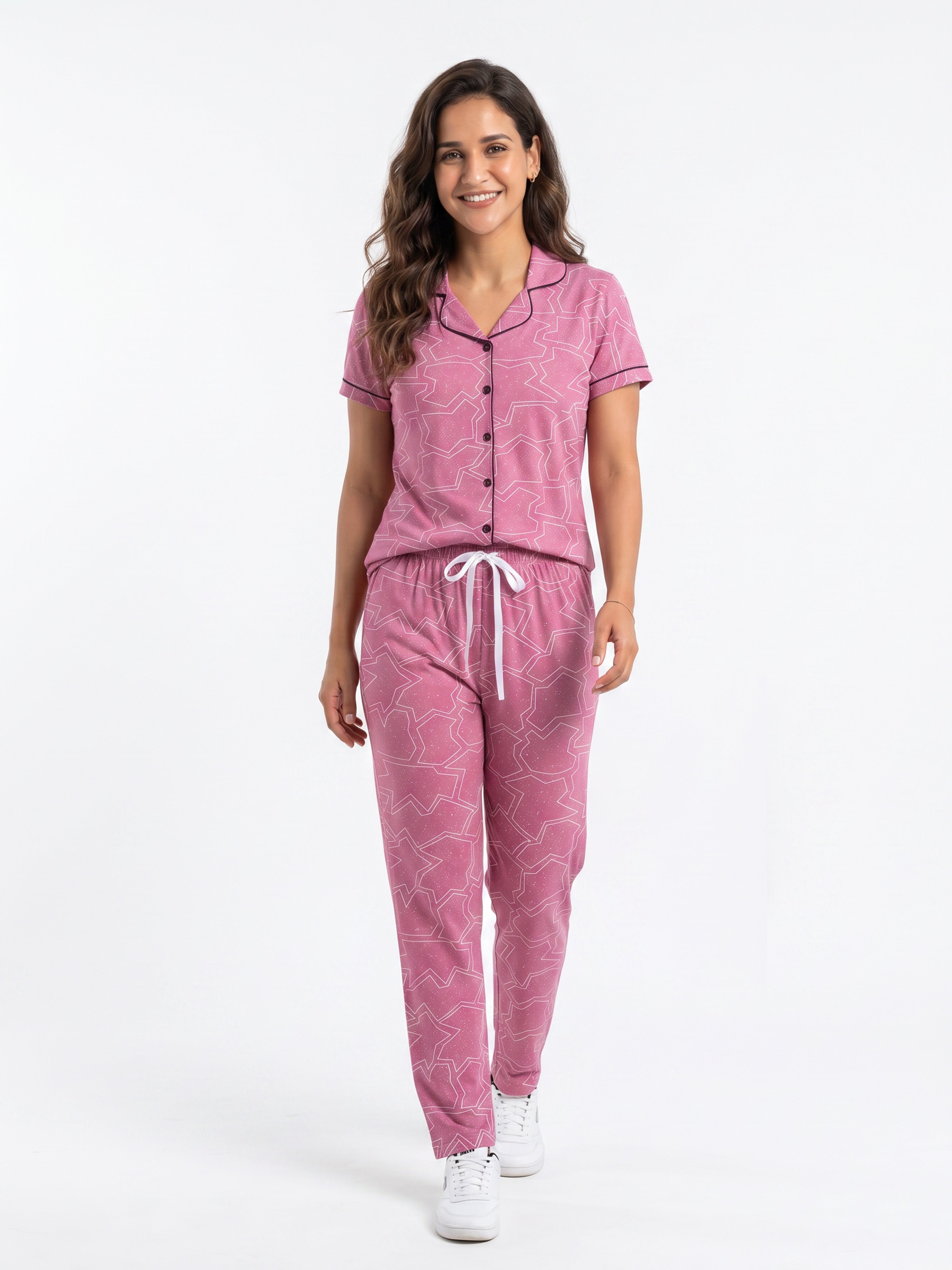Cotton Top with Pyjama Night Suit - Pink - 5270A