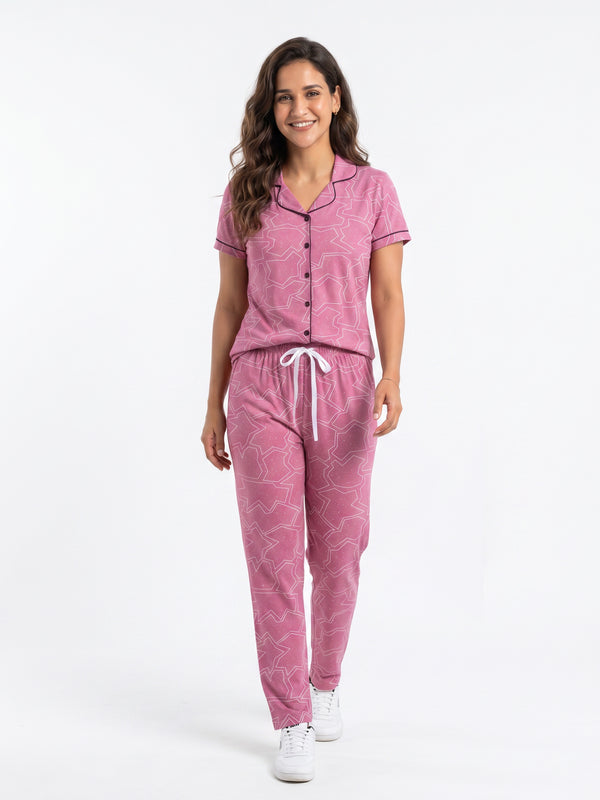 Cotton Top with Pyjama Night Suit - Pink - 5270A