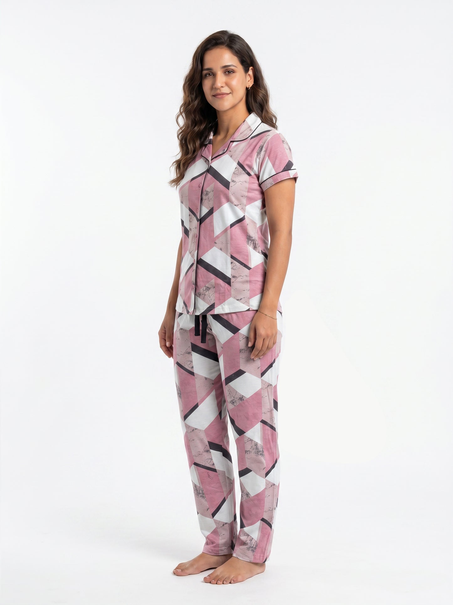 Cotton Printed Top with Pyjama Night Suit - Pink - SS3156A