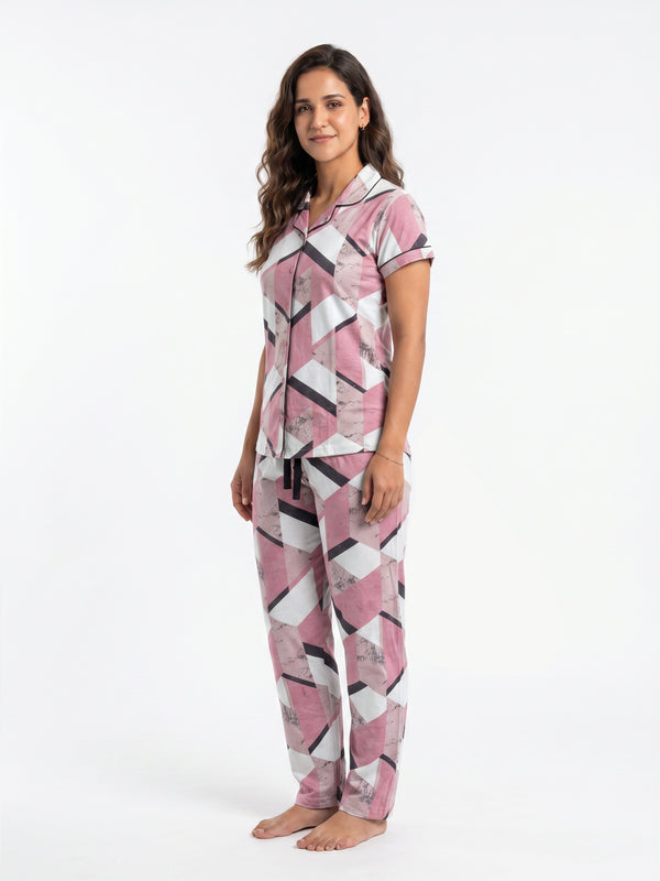 Cotton Printed Top with Pyjama Night Suit - Pink - SS3156A