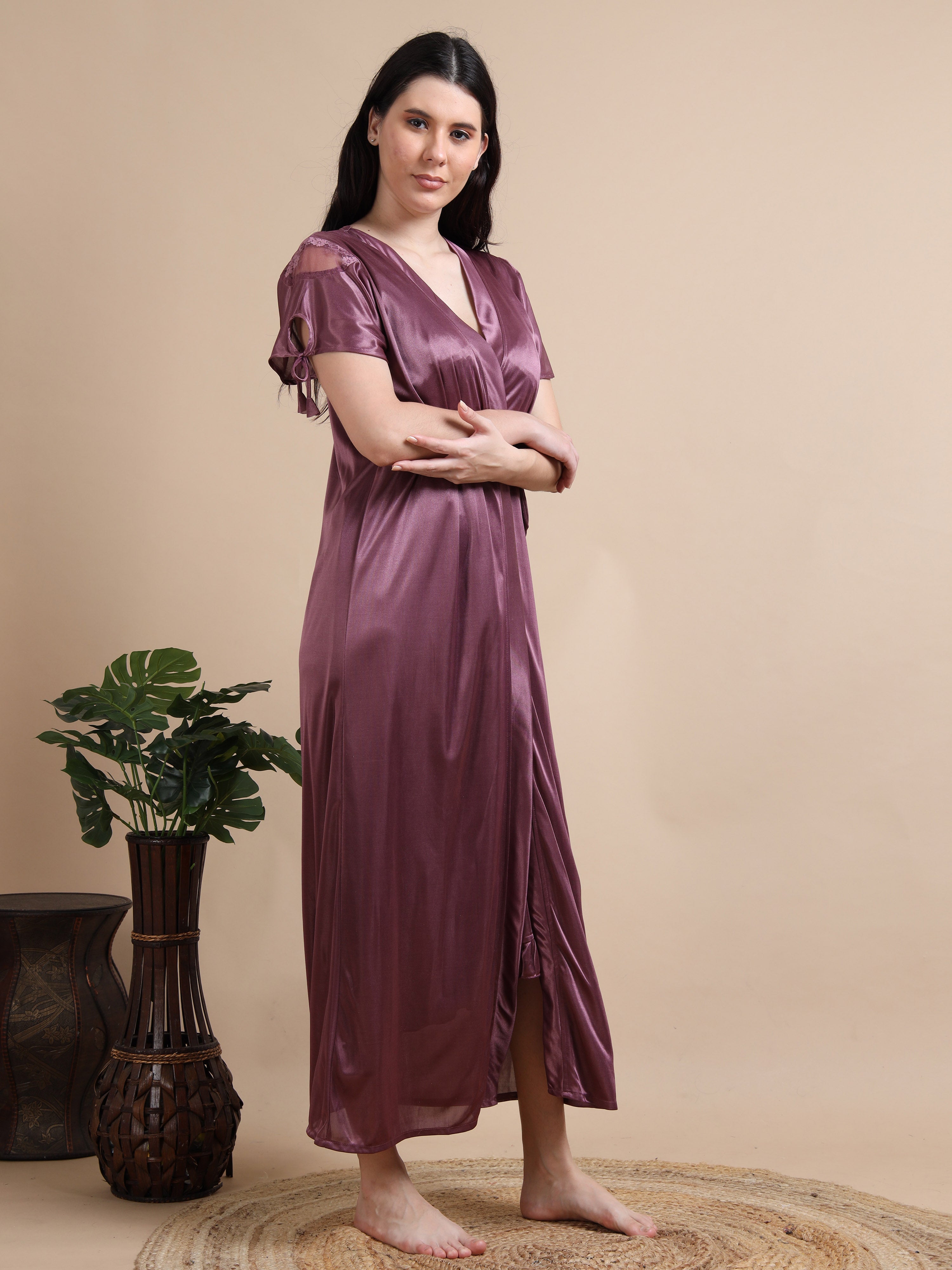 Purple Satin 2 Piece Night Dress for Ladies