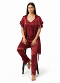 Satin 3-Piece Bridal Night Wear - Wine - 1200D