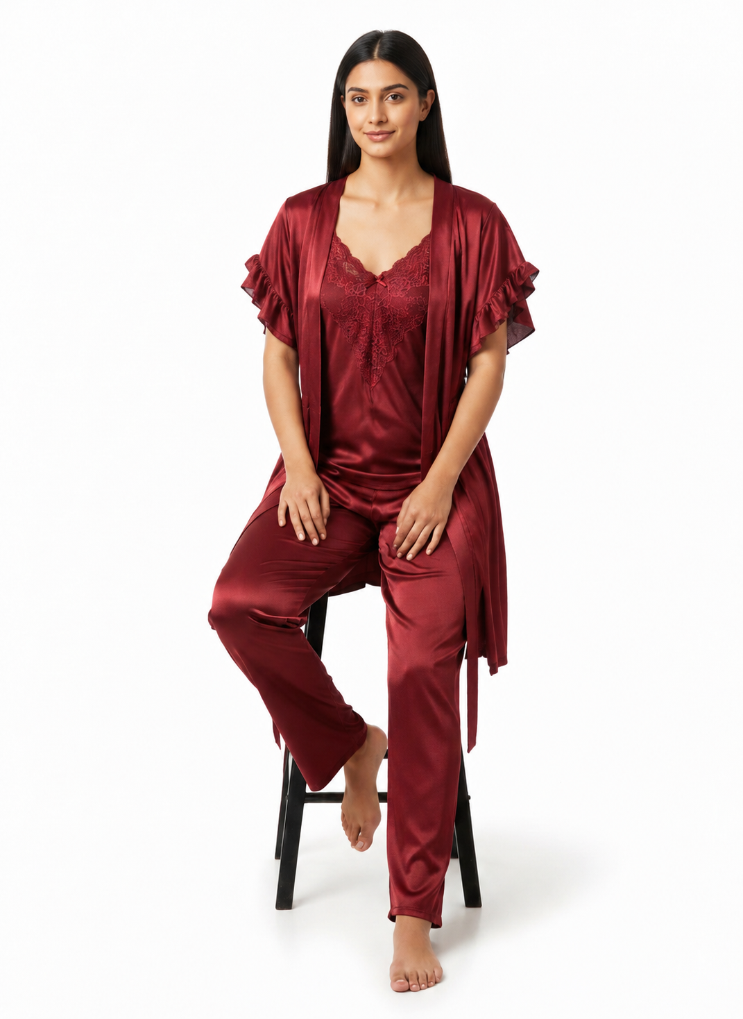 Satin 3-Piece Bridal Night Wear - Wine - 1200D