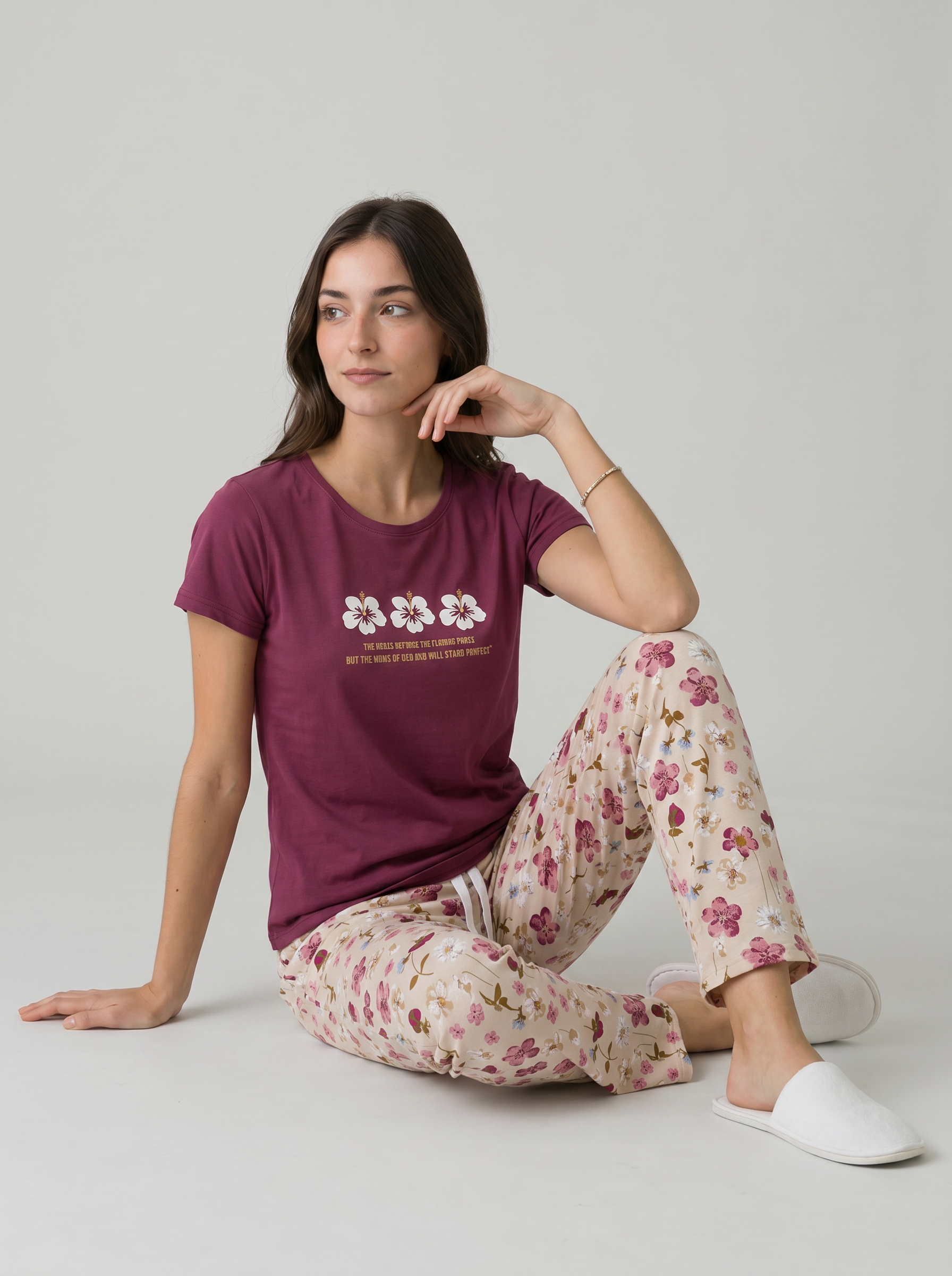 Cotton Top with Pyjama Night Suit - Maroon - 5347A