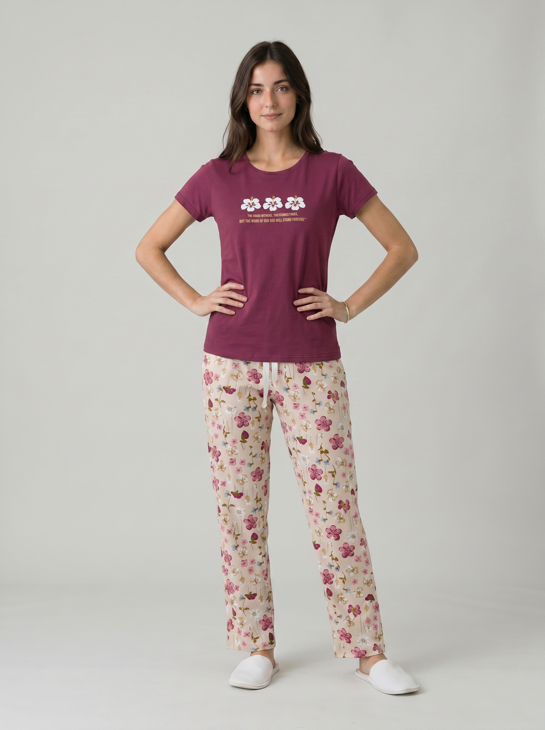Cotton Top with Pyjama Night Suit - Maroon - 5347A
