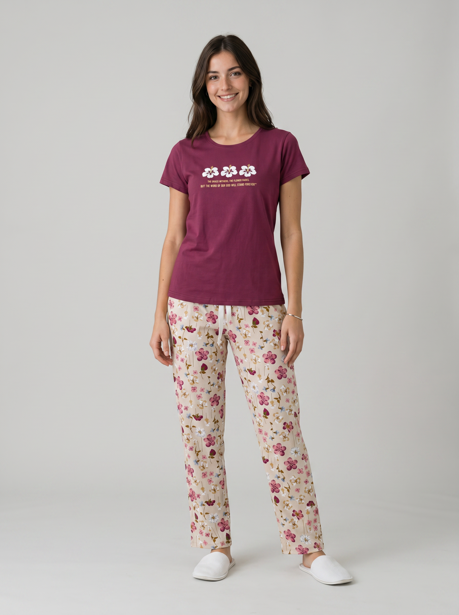 Cotton Top with Pyjama Night Suit - Maroon - 5347A