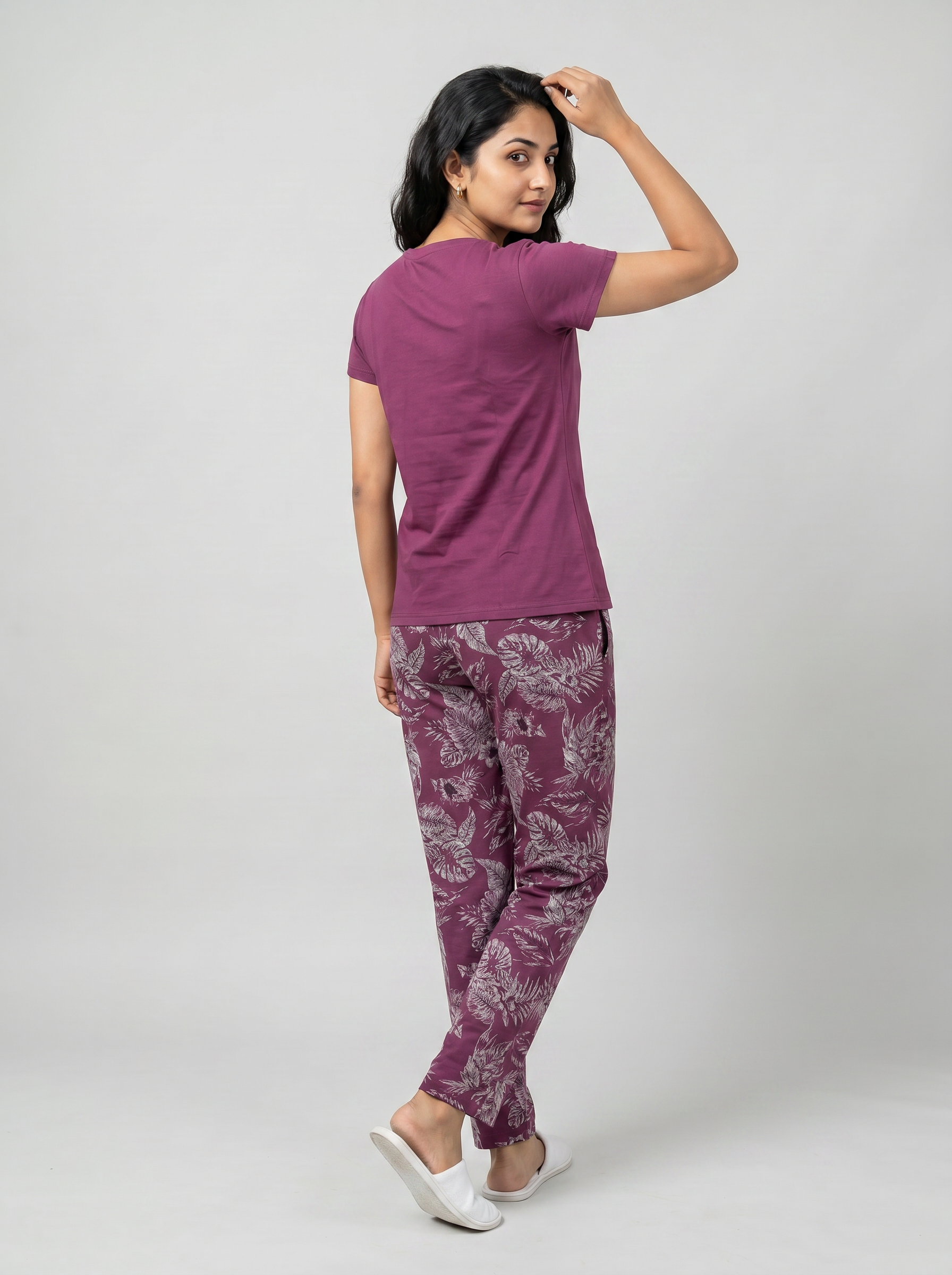 Cotton Top with Pyjama Night Suit - Lavender - 5349A