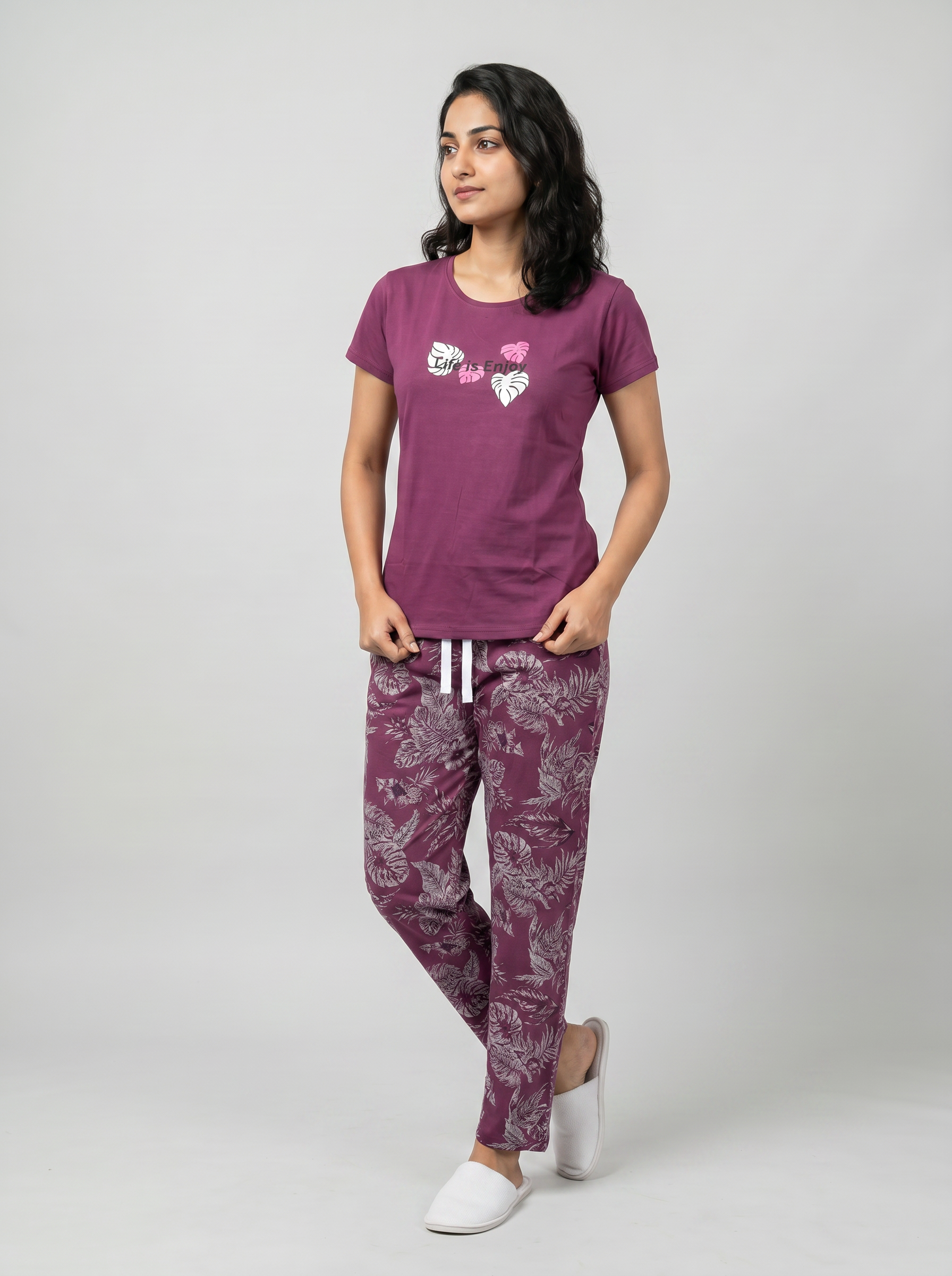 Cotton Top with Pyjama Night Suit - Lavender - 5349A