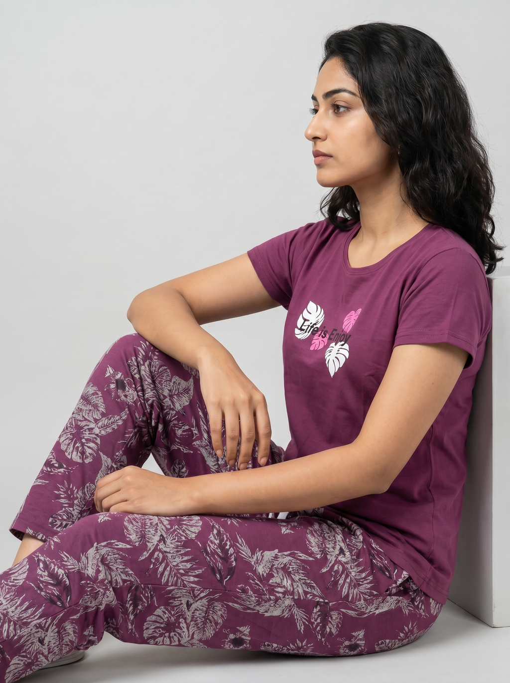 Cotton Top with Pyjama Night Suit - Lavender - 5349A