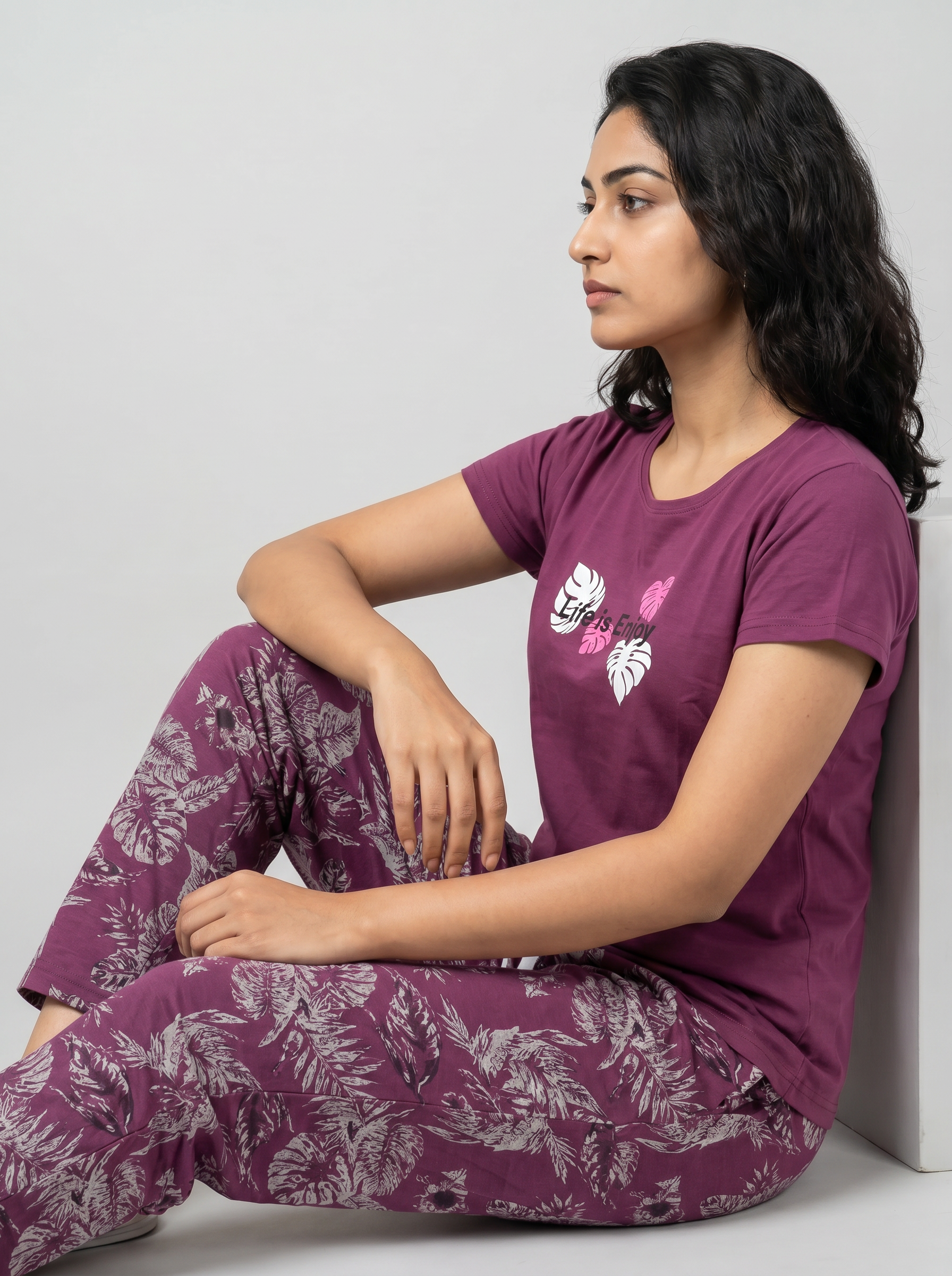 Cotton Top with Pyjama Night Suit - Lavender - 5349A