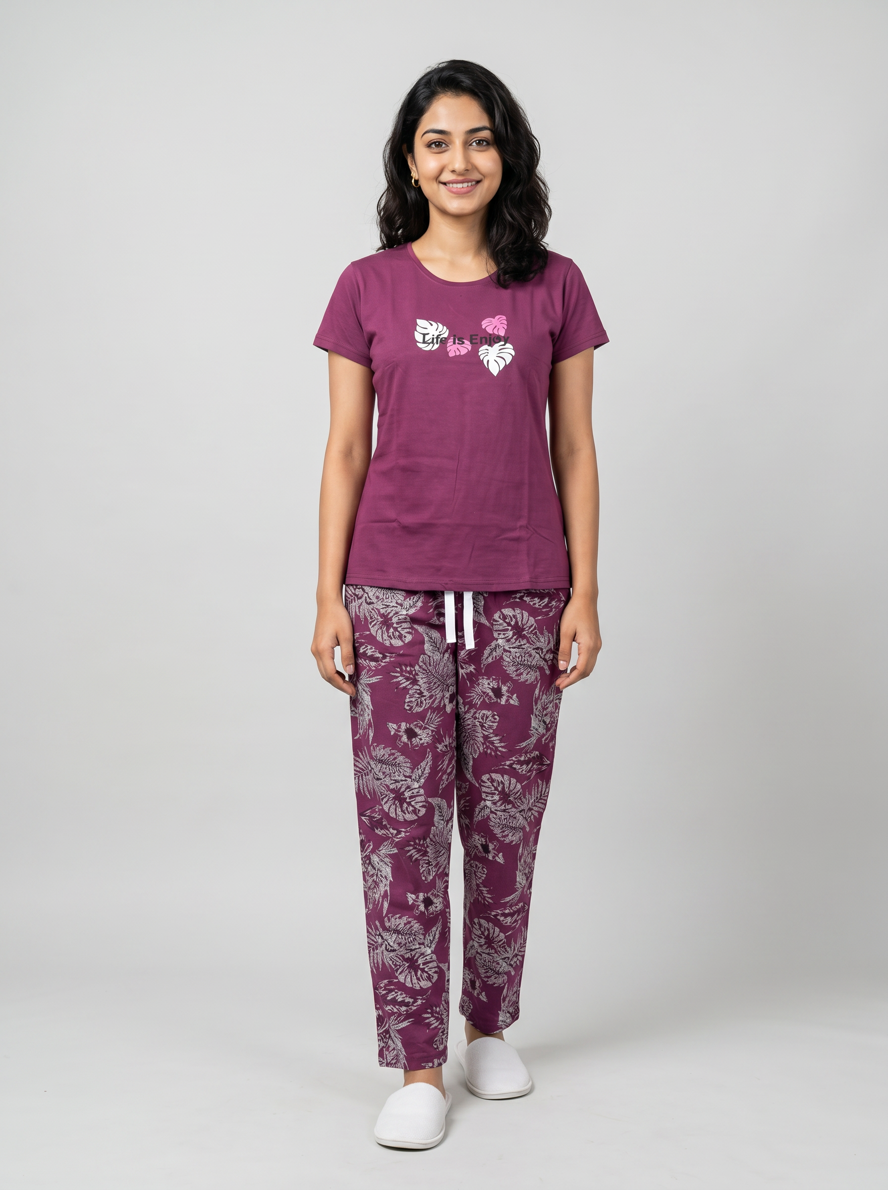 Cotton Top with Pyjama Night Suit - Lavender - 5349A