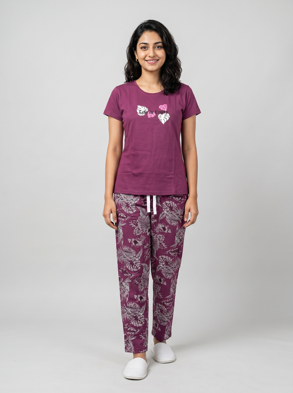 Cotton Top with Pyjama Night Suit - Lavender - 5349A