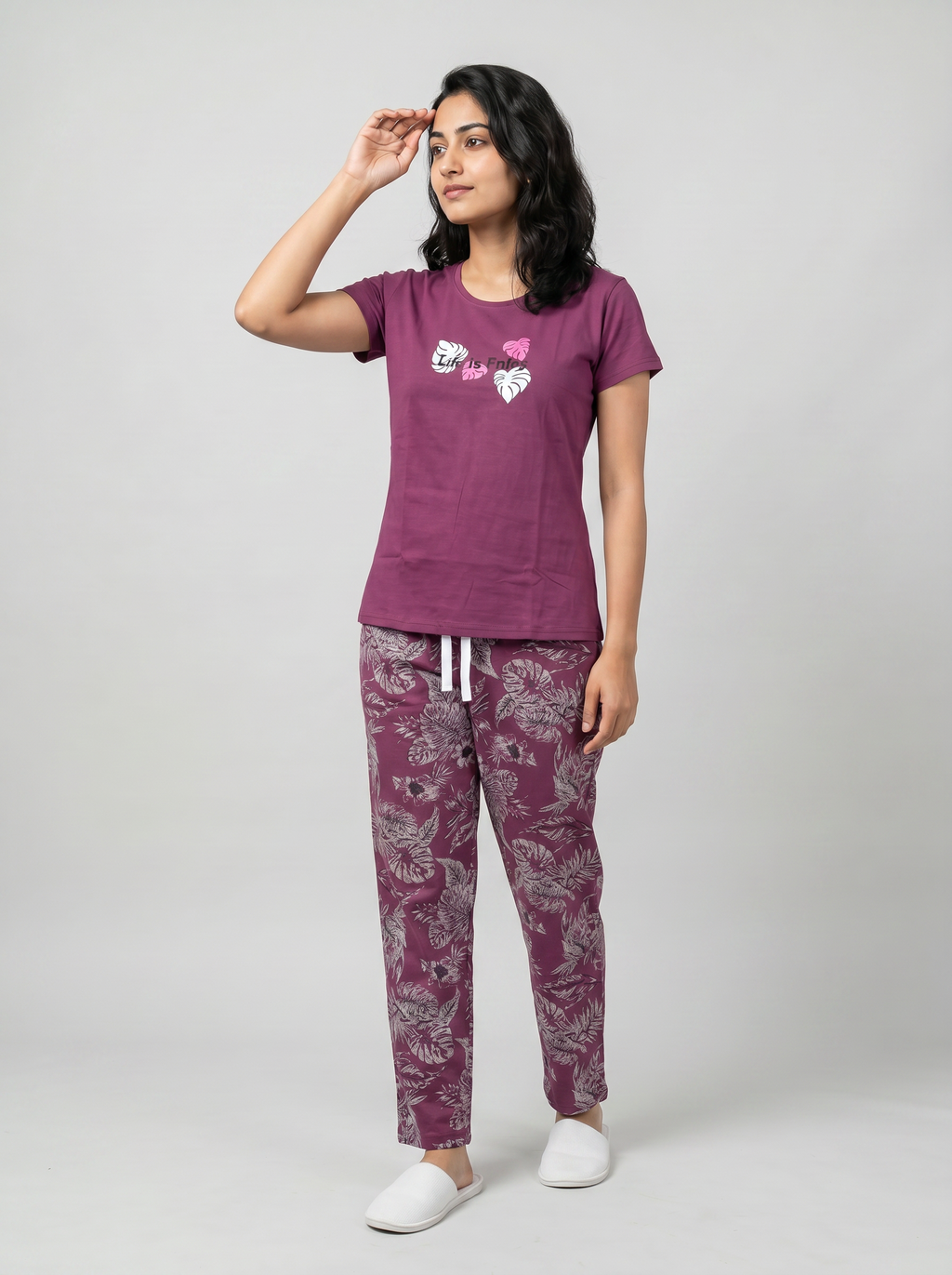 Cotton Top with Pyjama Night Suit - Lavender - 5349A