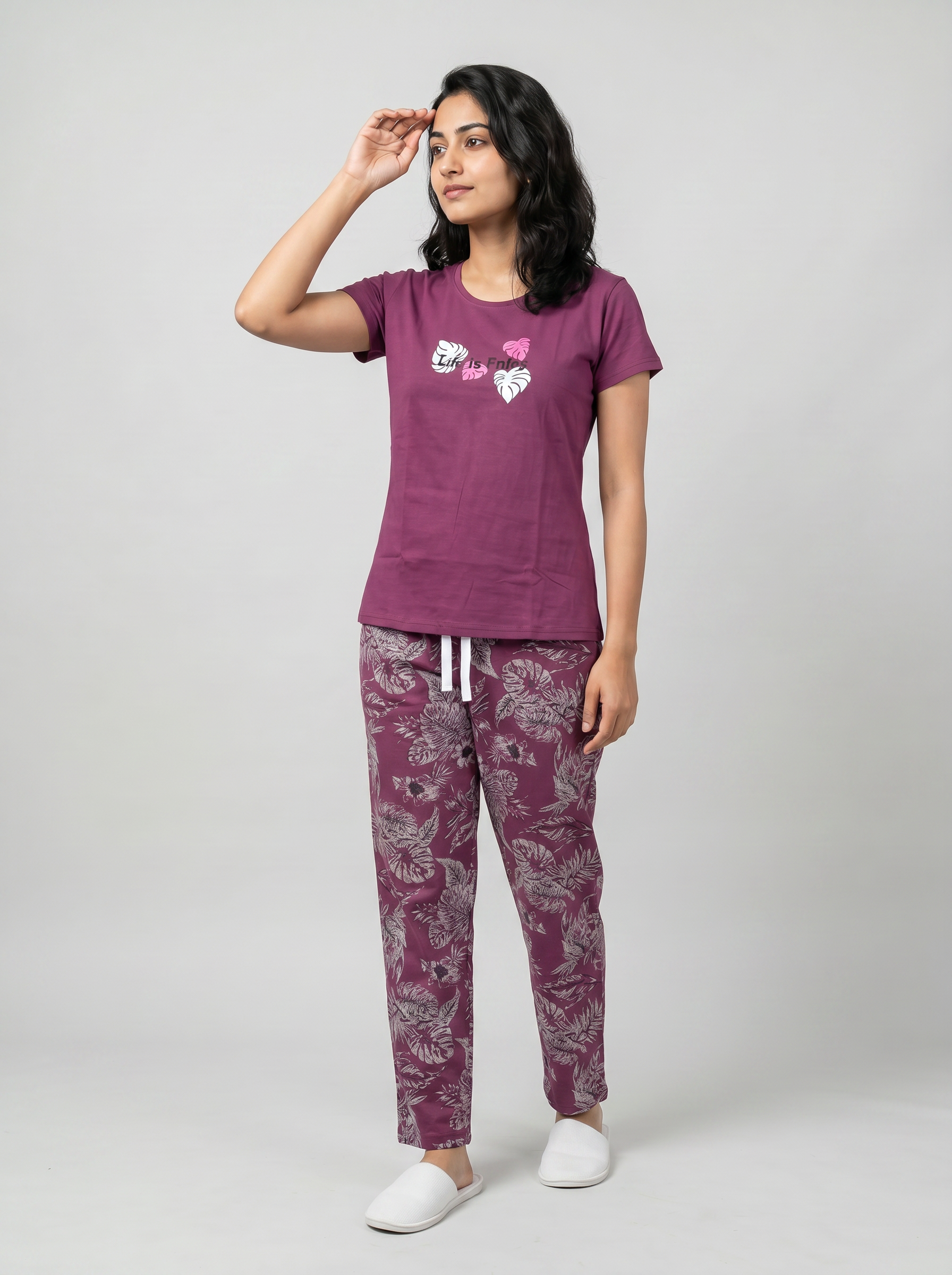 Cotton Top with Pyjama Night Suit - Lavender - 5349A