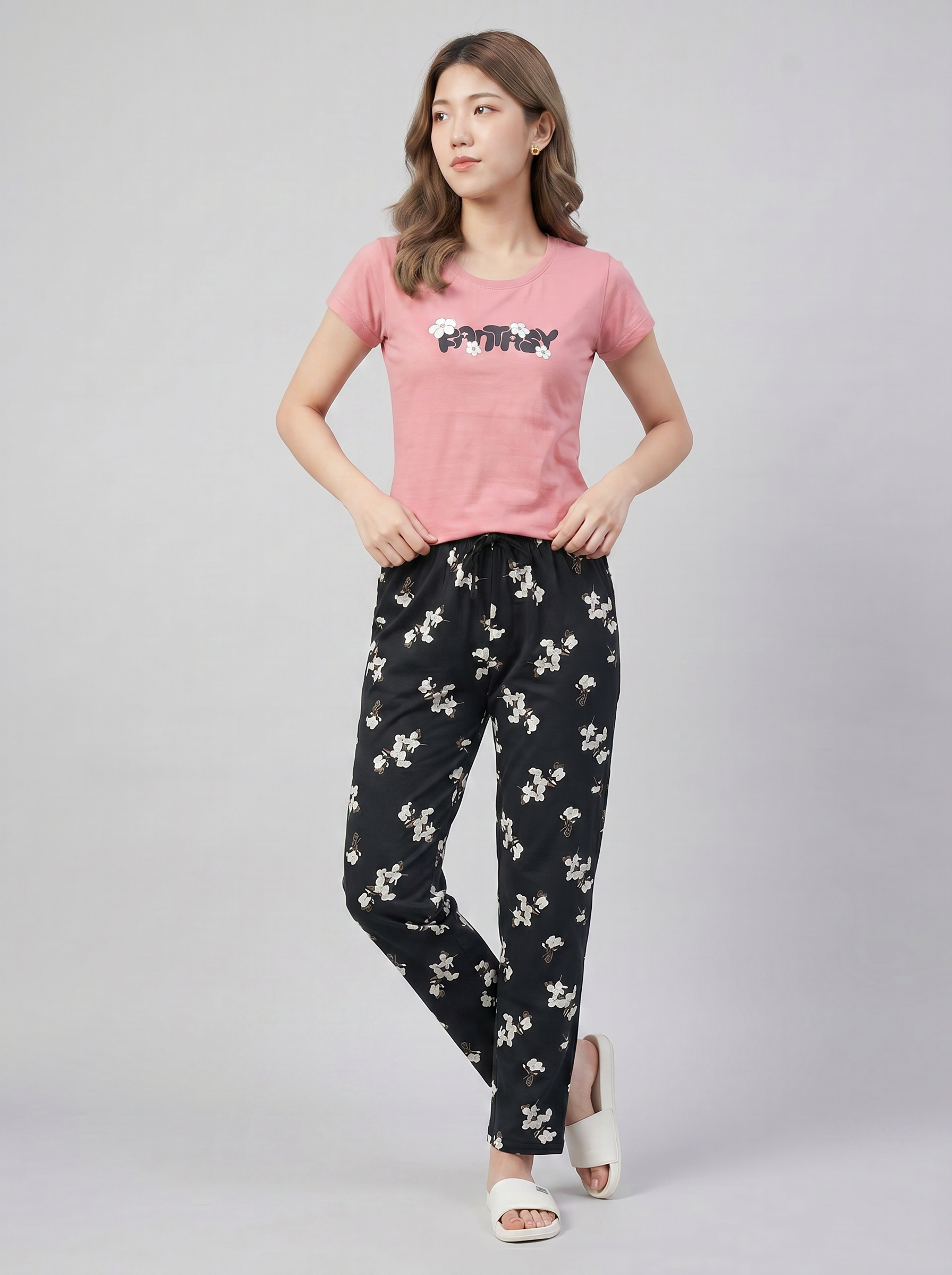 Cotton Top with Pyjama Night Suit - Peach - 5344B