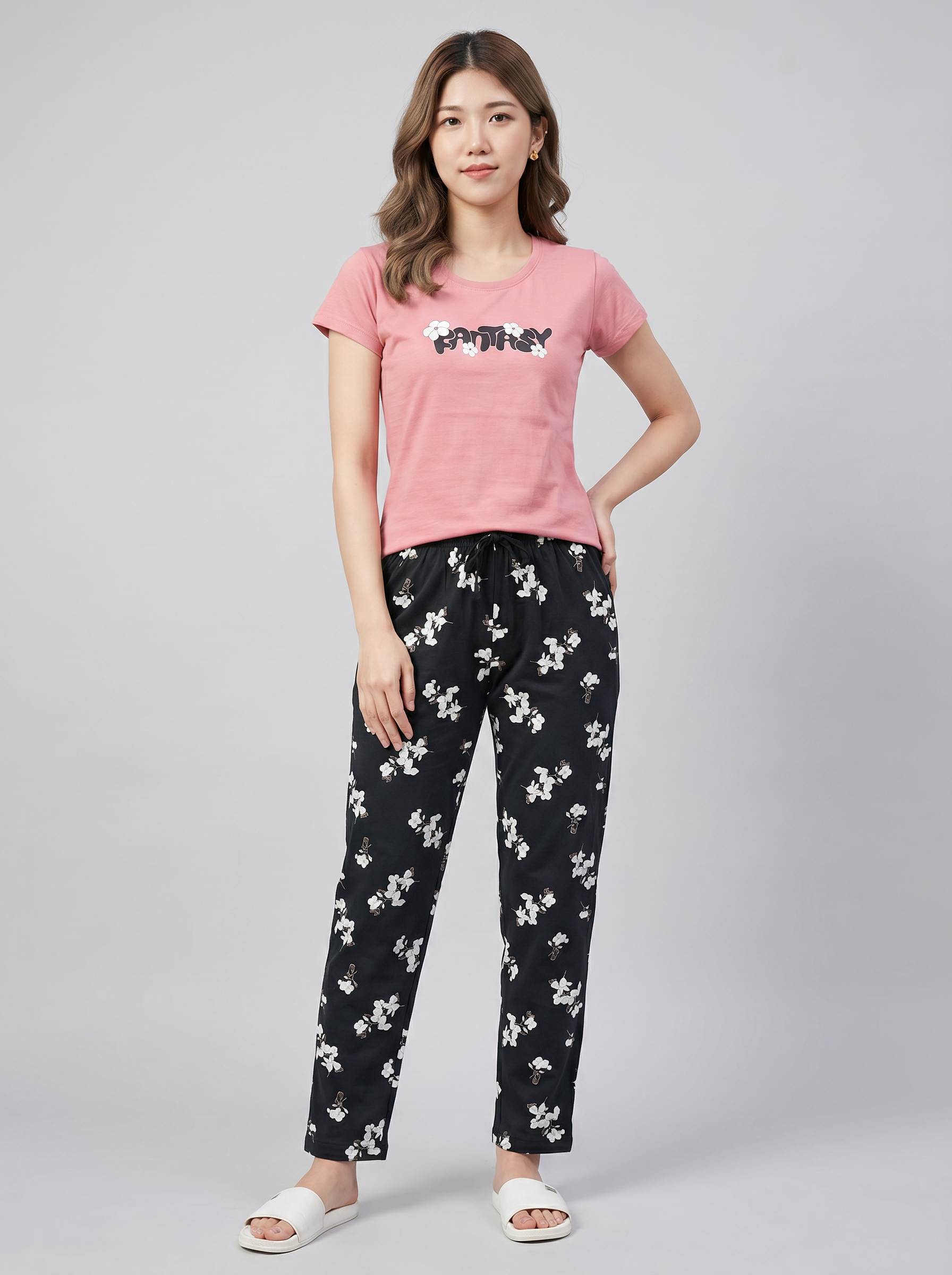 Cotton Top with Pyjama Night Suit - Peach - 5344B