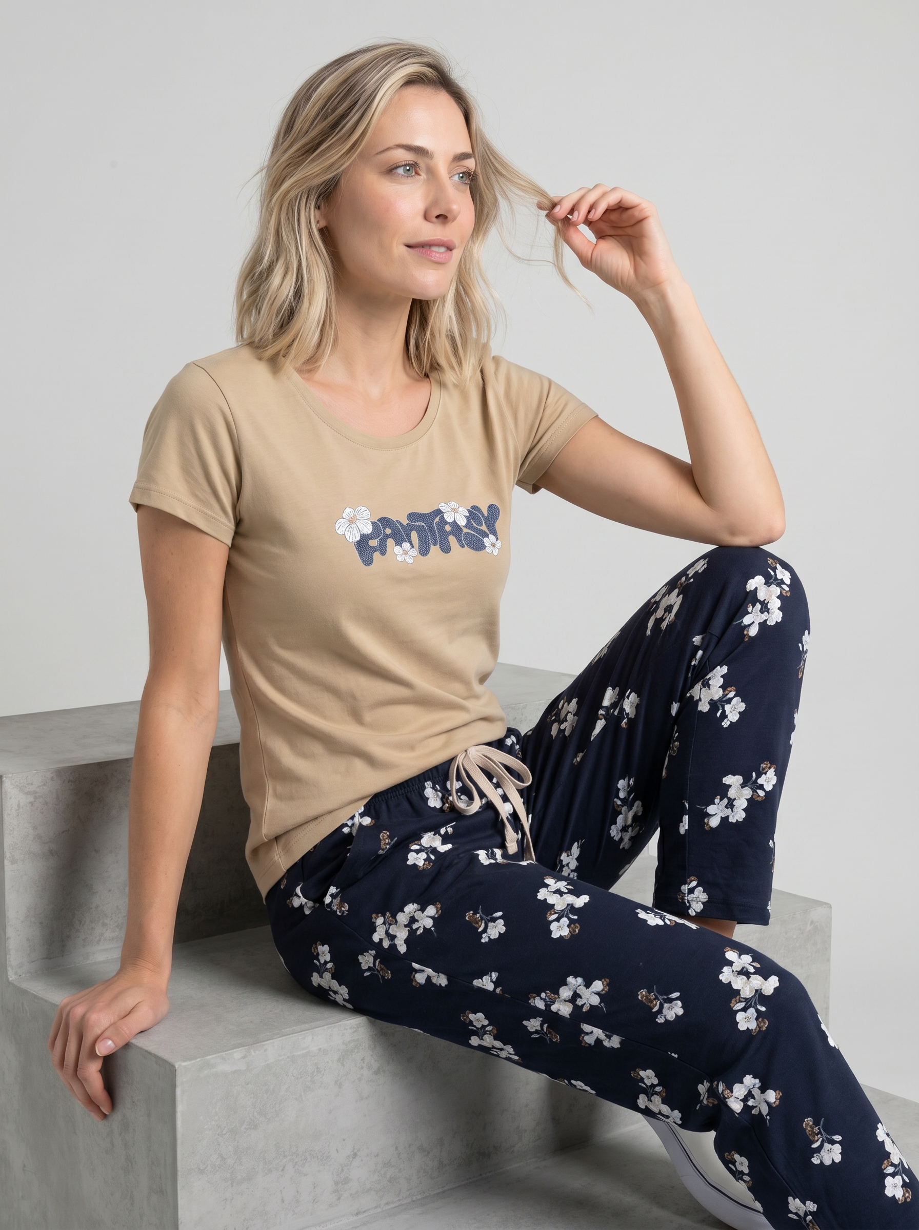Cotton Top with Pyjama Night Suit - Sand - 5344A