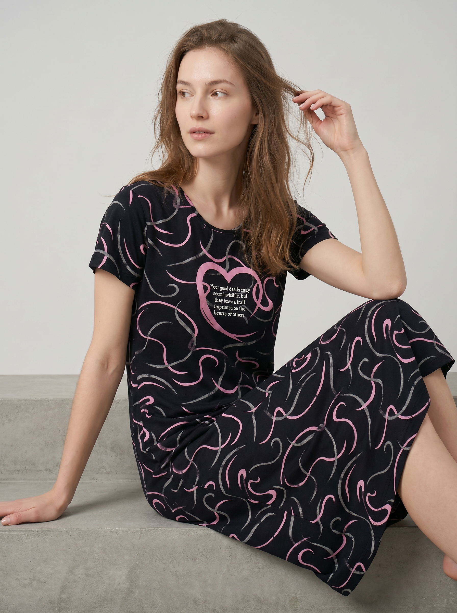 Cotton Top with Pyjama Night Suit - Black - 5309A