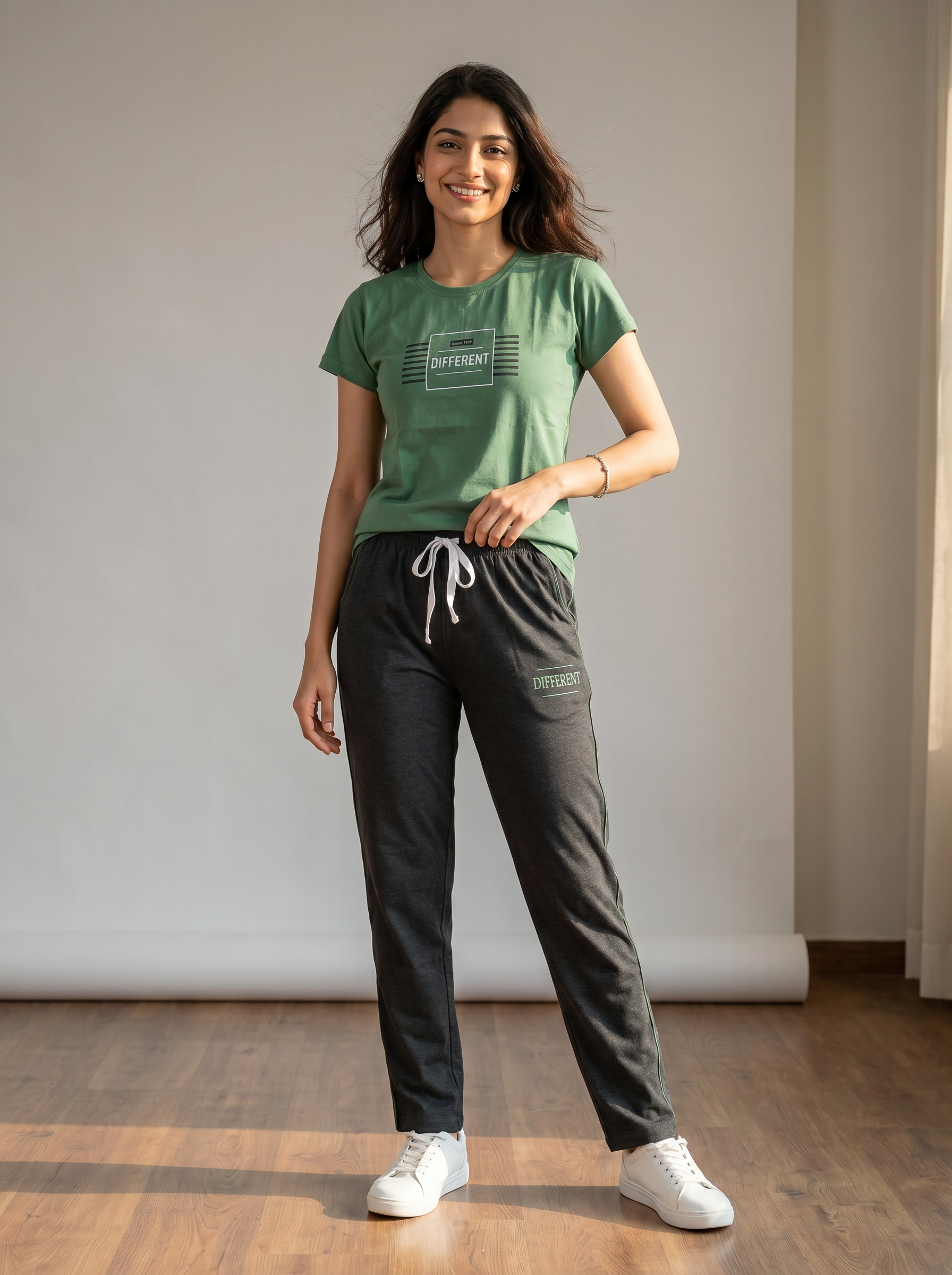 Cotton Top with Pyjama Night Suit - Dark Green - 5066A