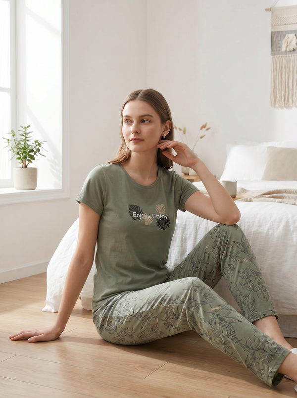 Cotton Top with Pyjama Night Suit - Olive Green - 5343A