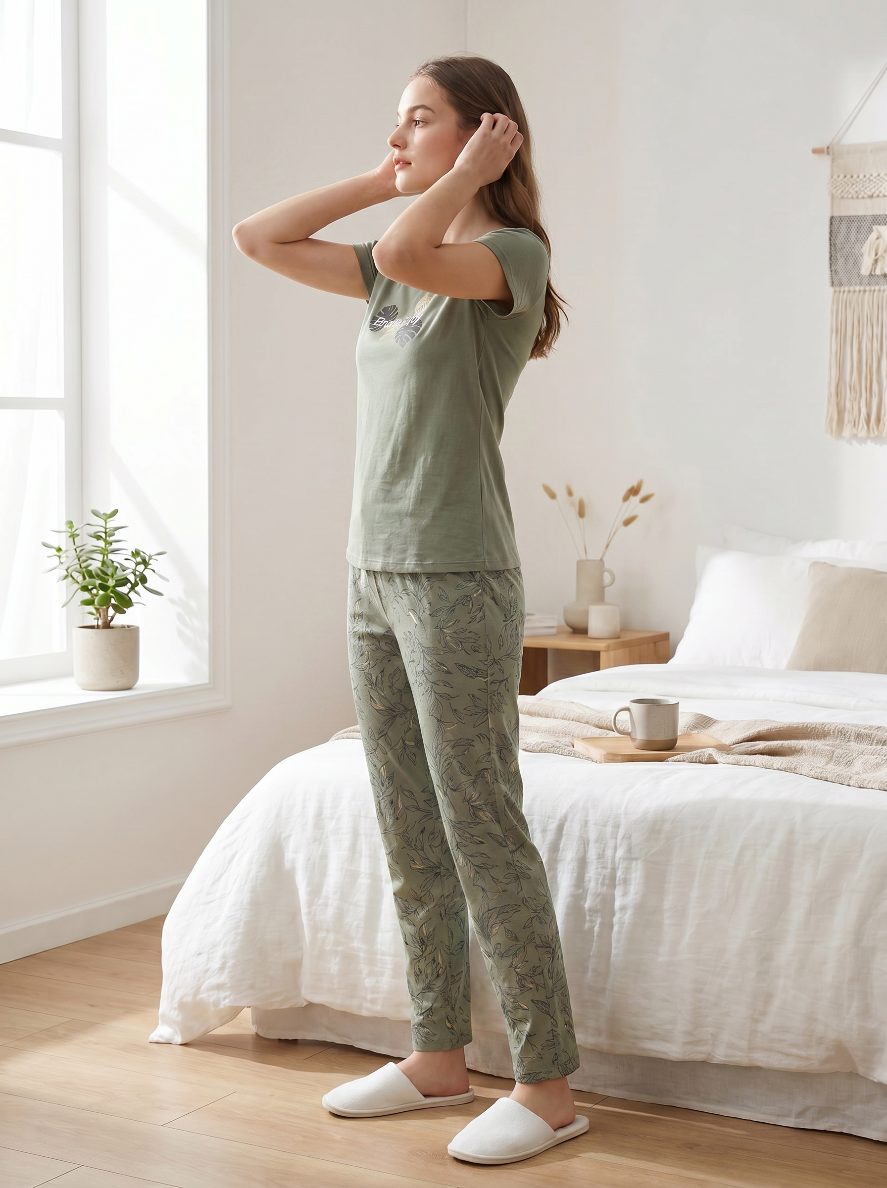Cotton Top with Pyjama Night Suit - Olive Green - 5343A