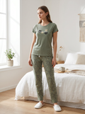 Cotton Top with Pyjama Night Suit - Olive Green - 5343A