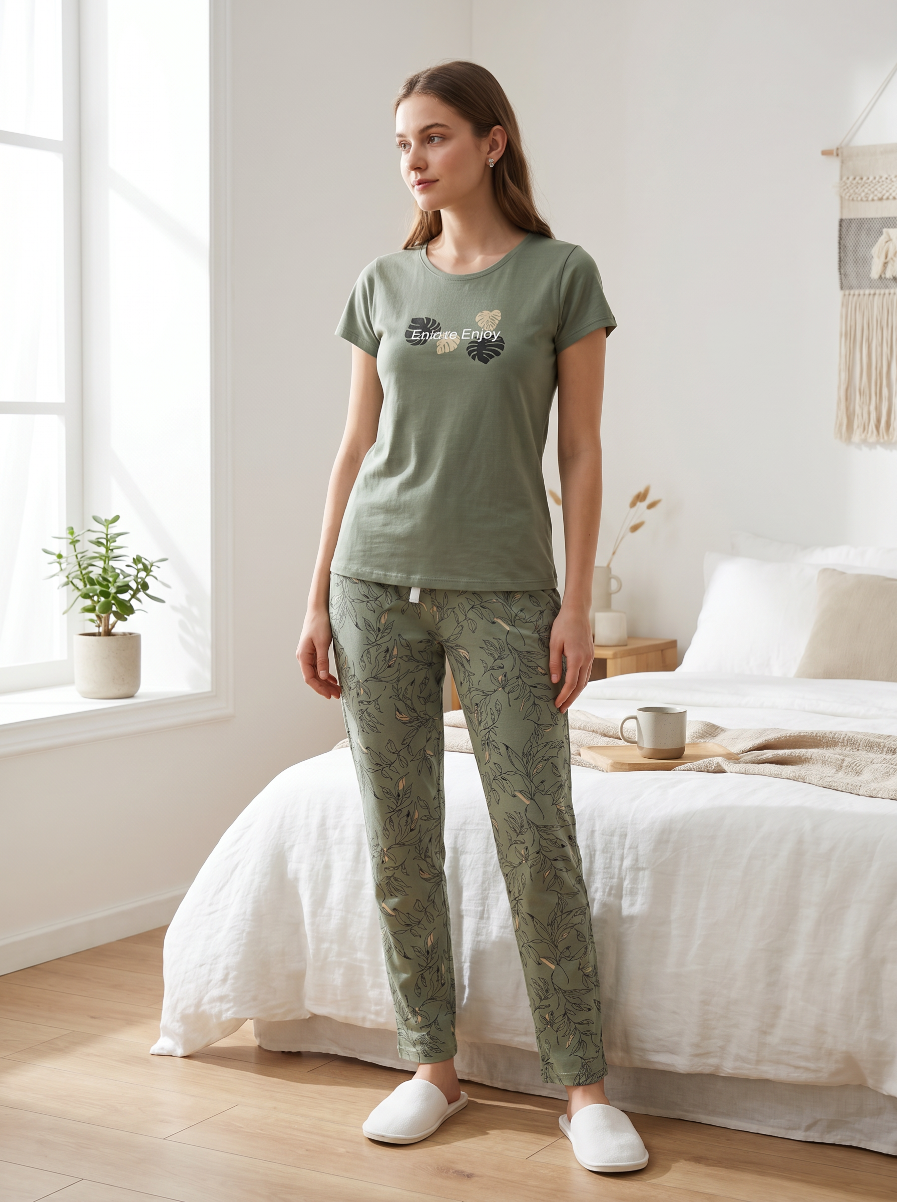 Cotton Top with Pyjama Night Suit - Olive Green - 5343A