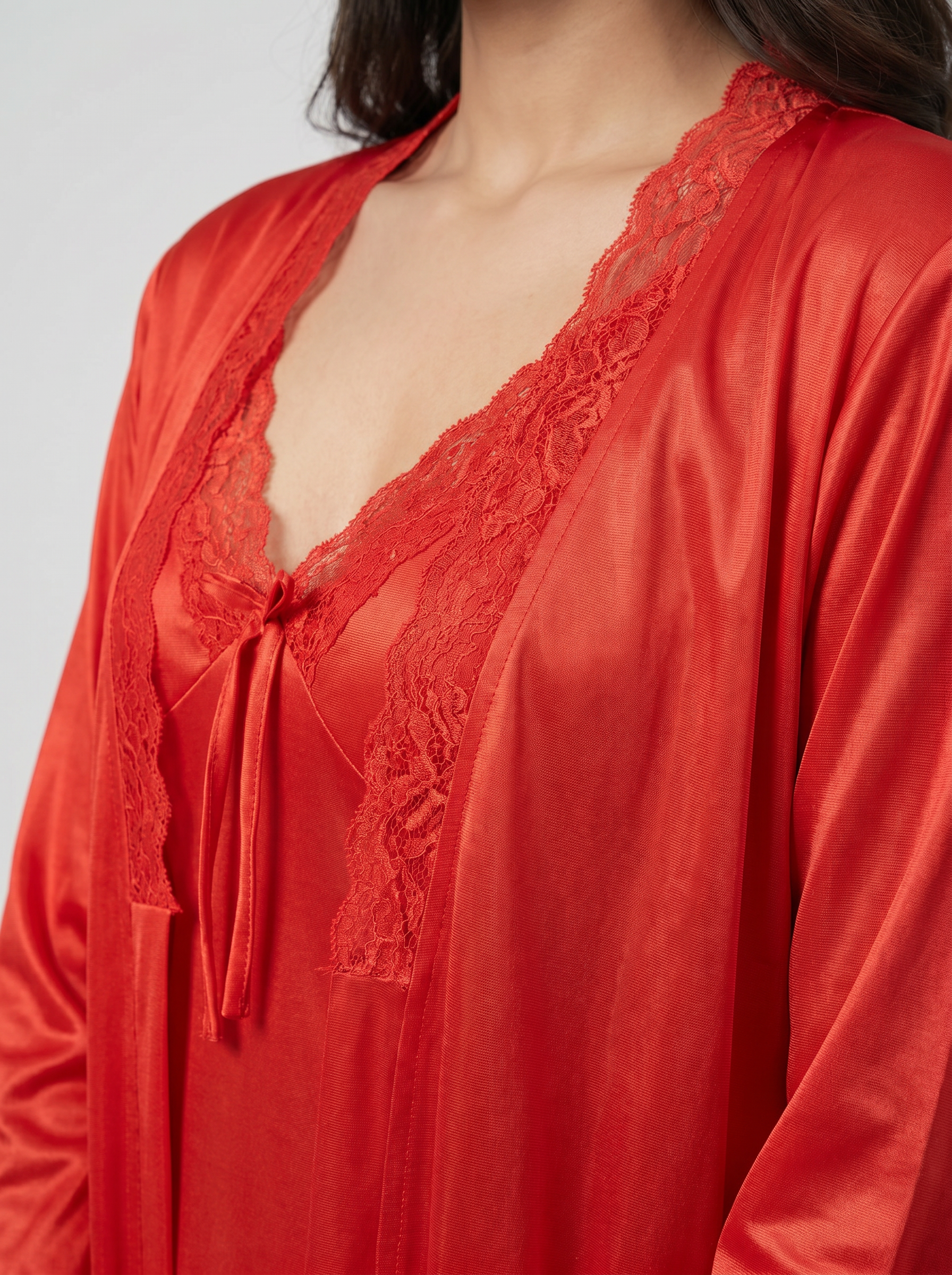 Satin Long Bridal Night Wear - Red - 1100H