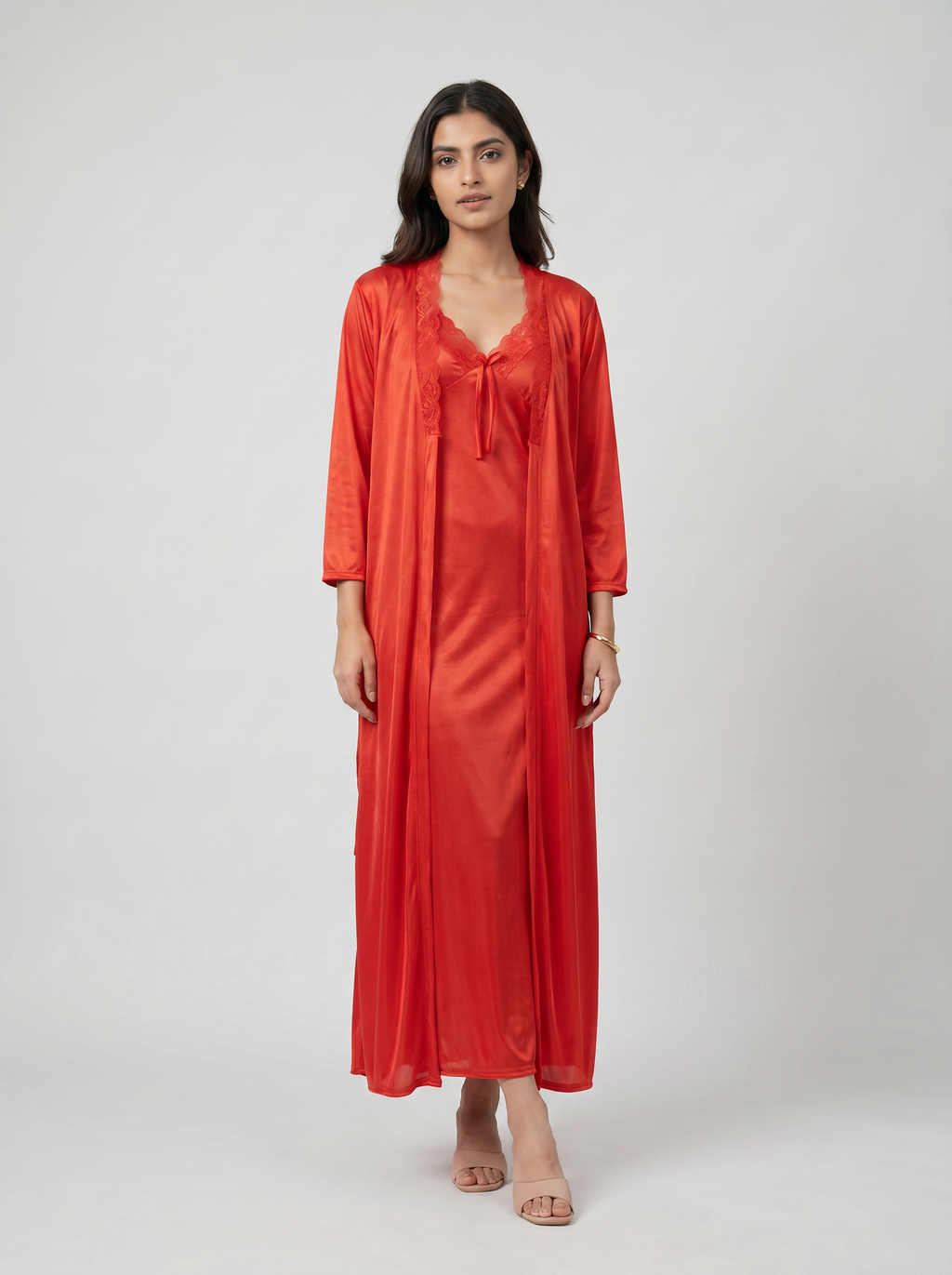Satin Long Bridal Night Wear - Red - 1100H
