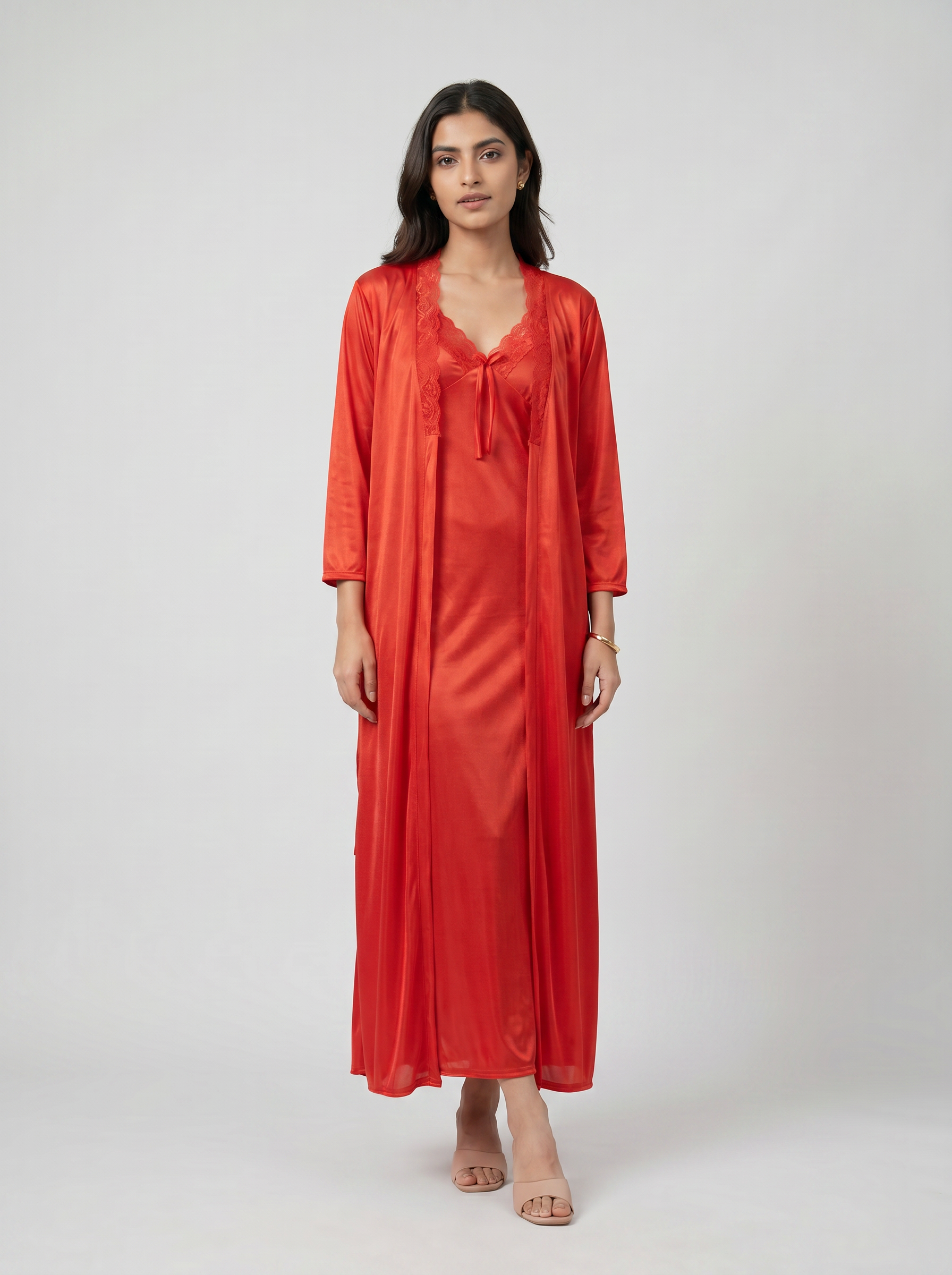 Satin Long Bridal Night Wear - Red - 1100H