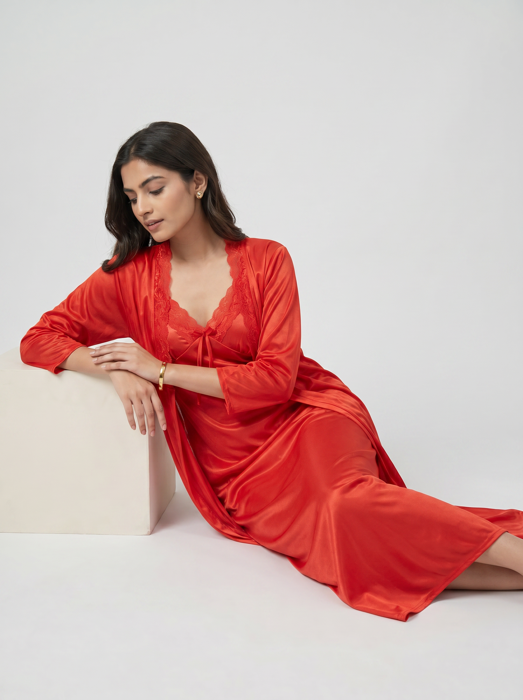 Satin Long Bridal Night Wear - Red - 1100H