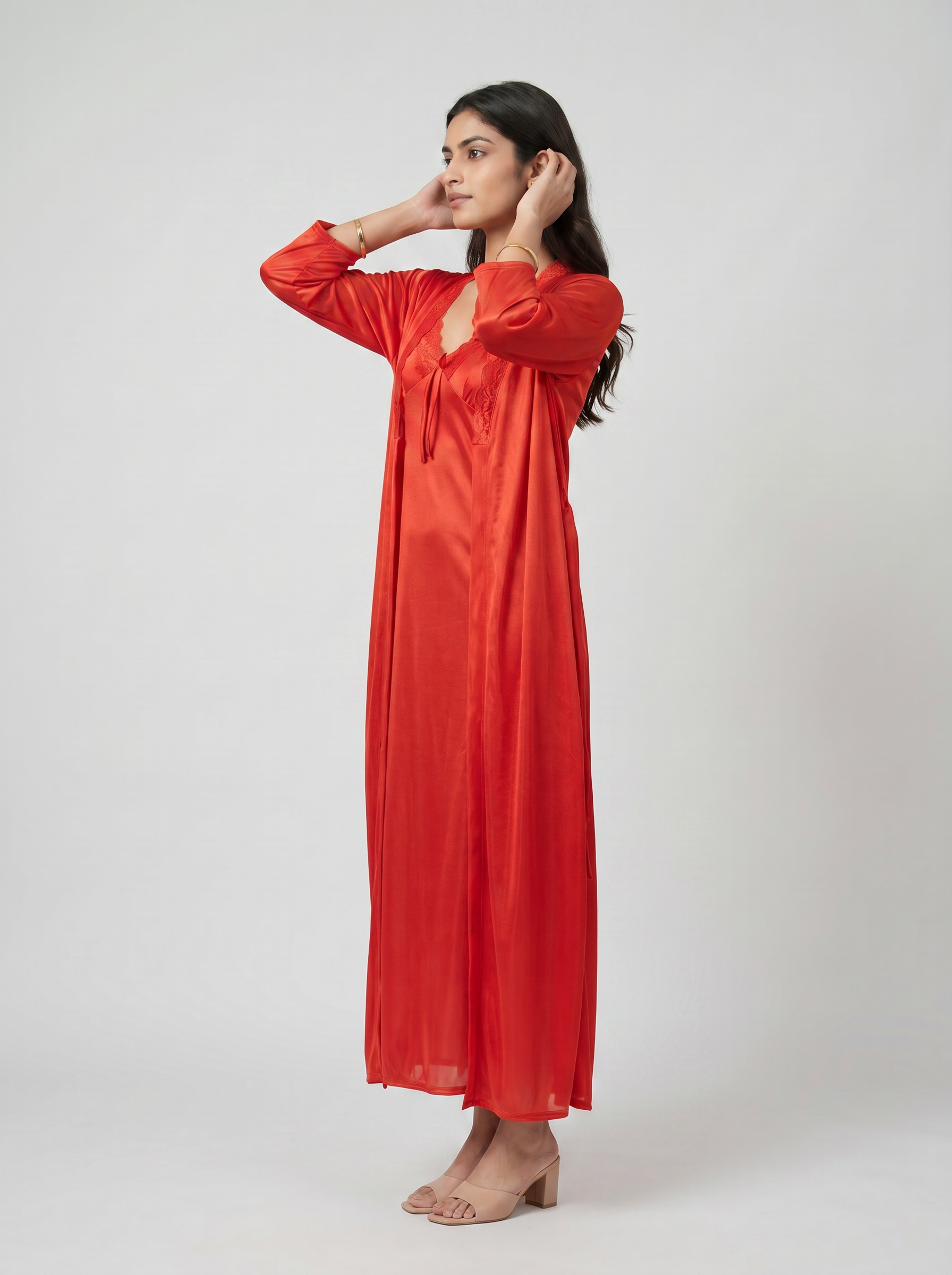Satin Long Bridal Night Wear - Red - 1100H