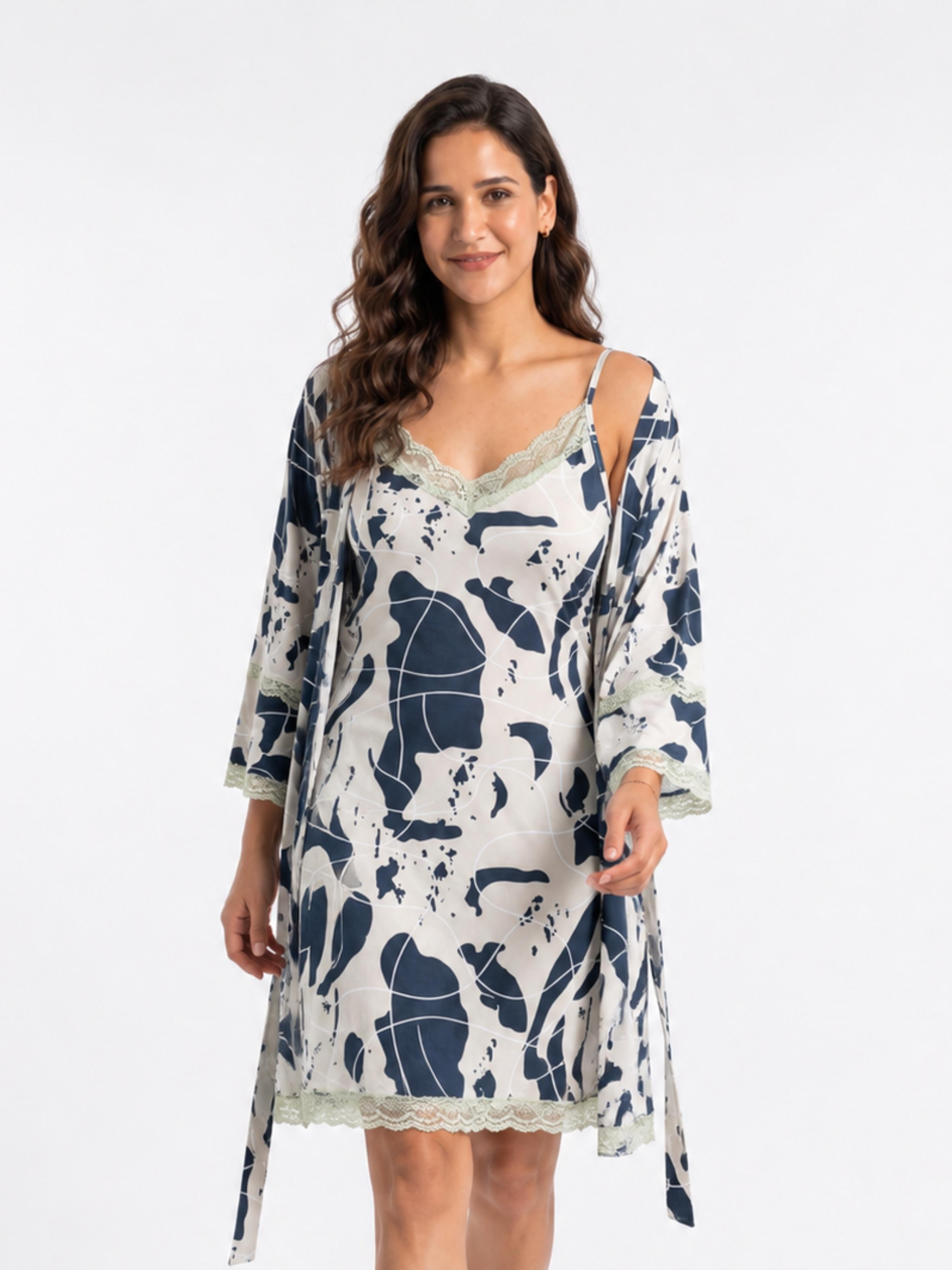 Malai Two-Piece Night Wear - Navy Blue - 2836E